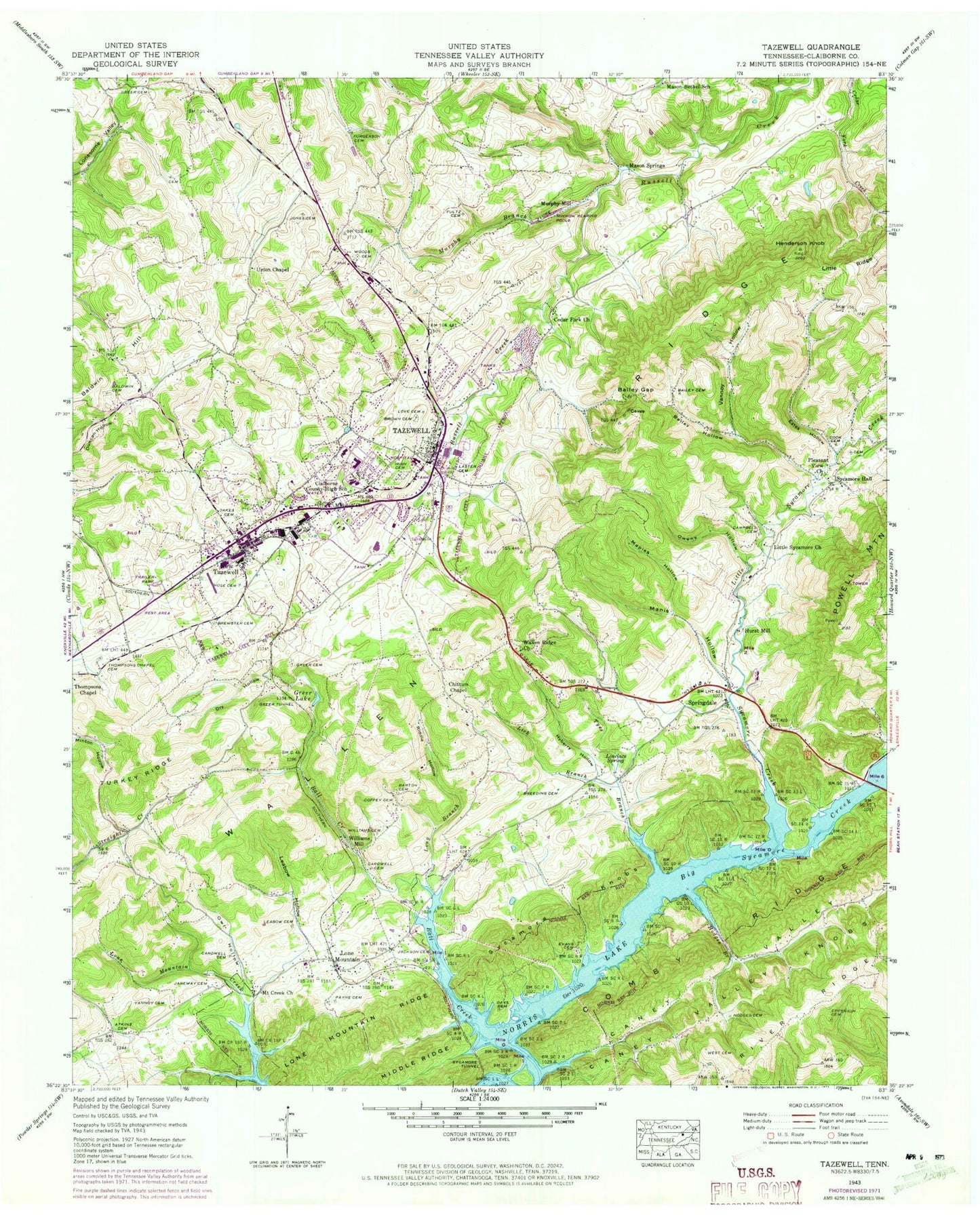 Classic USGS Tazewell Tennessee 7.5'x7.5' Topo Map Image