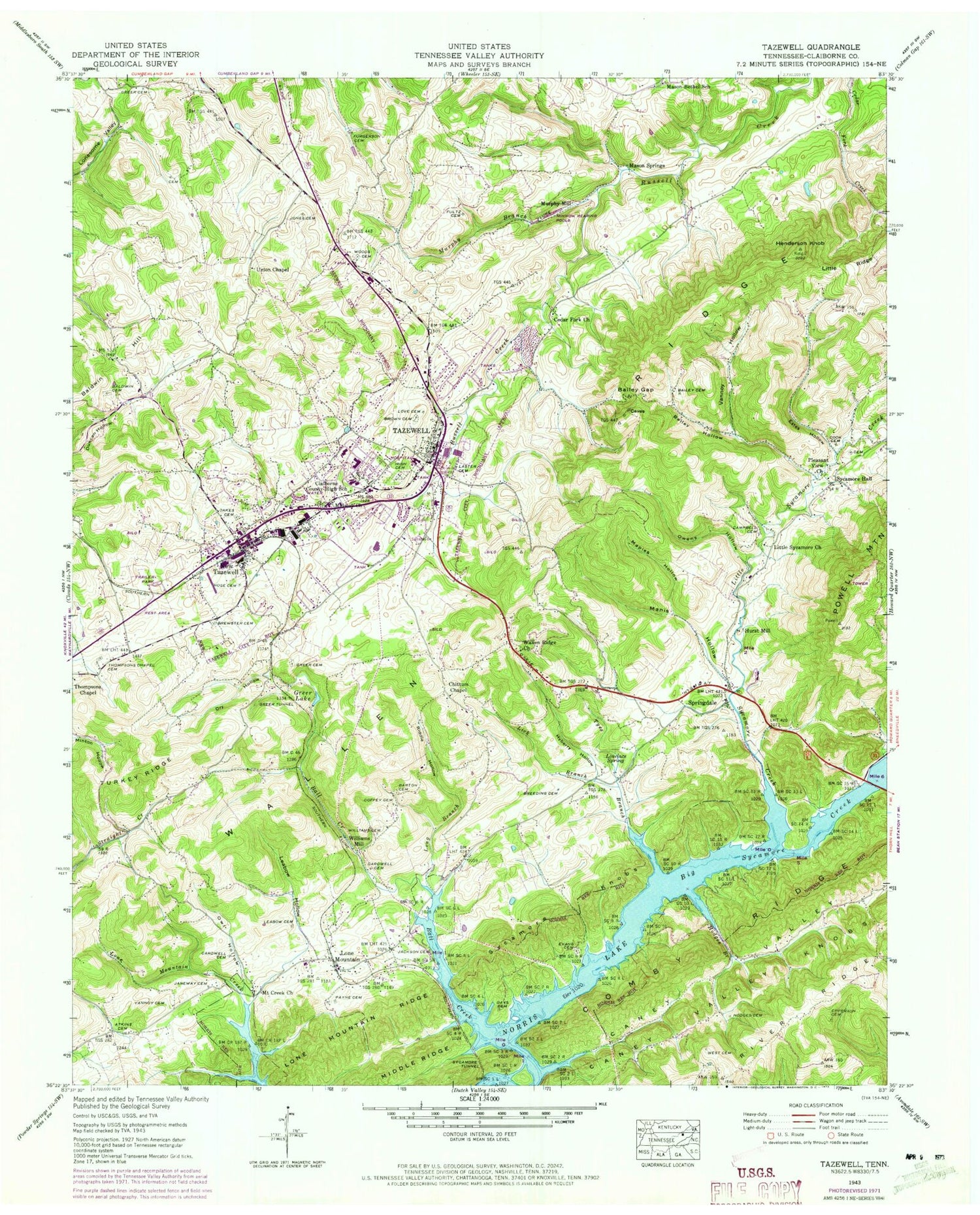 Classic USGS Tazewell Tennessee 7.5'x7.5' Topo Map Image