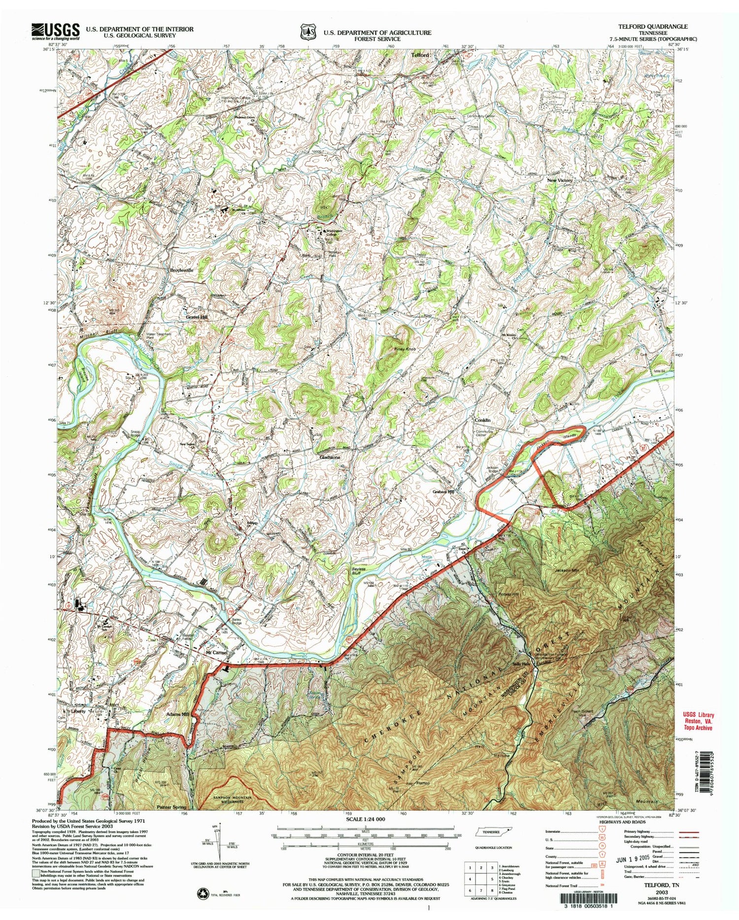 Classic USGS Telford Tennessee 7.5'x7.5' Topo Map Image