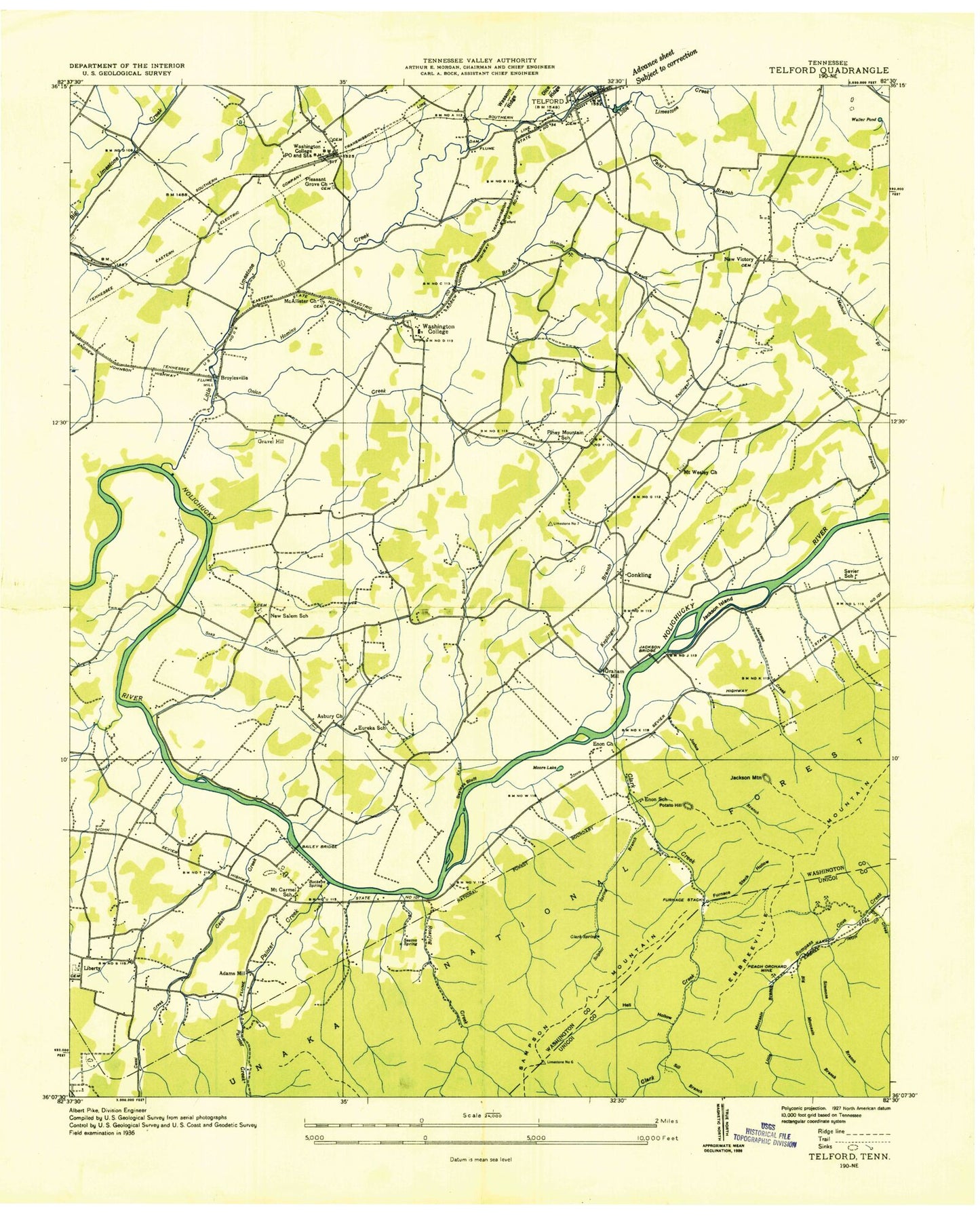 Classic USGS Telford Tennessee 7.5'x7.5' Topo Map Image