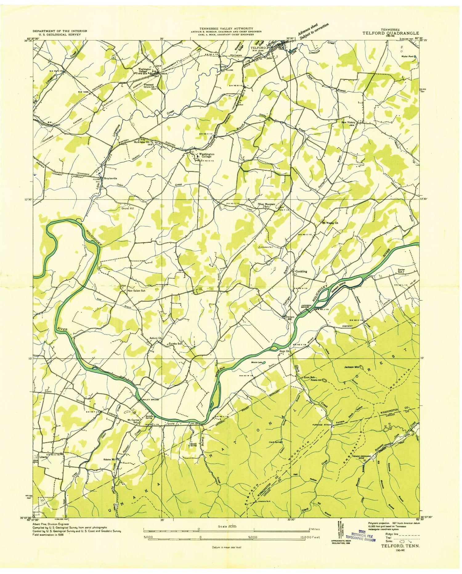 Classic USGS Telford Tennessee 7.5'x7.5' Topo Map Image