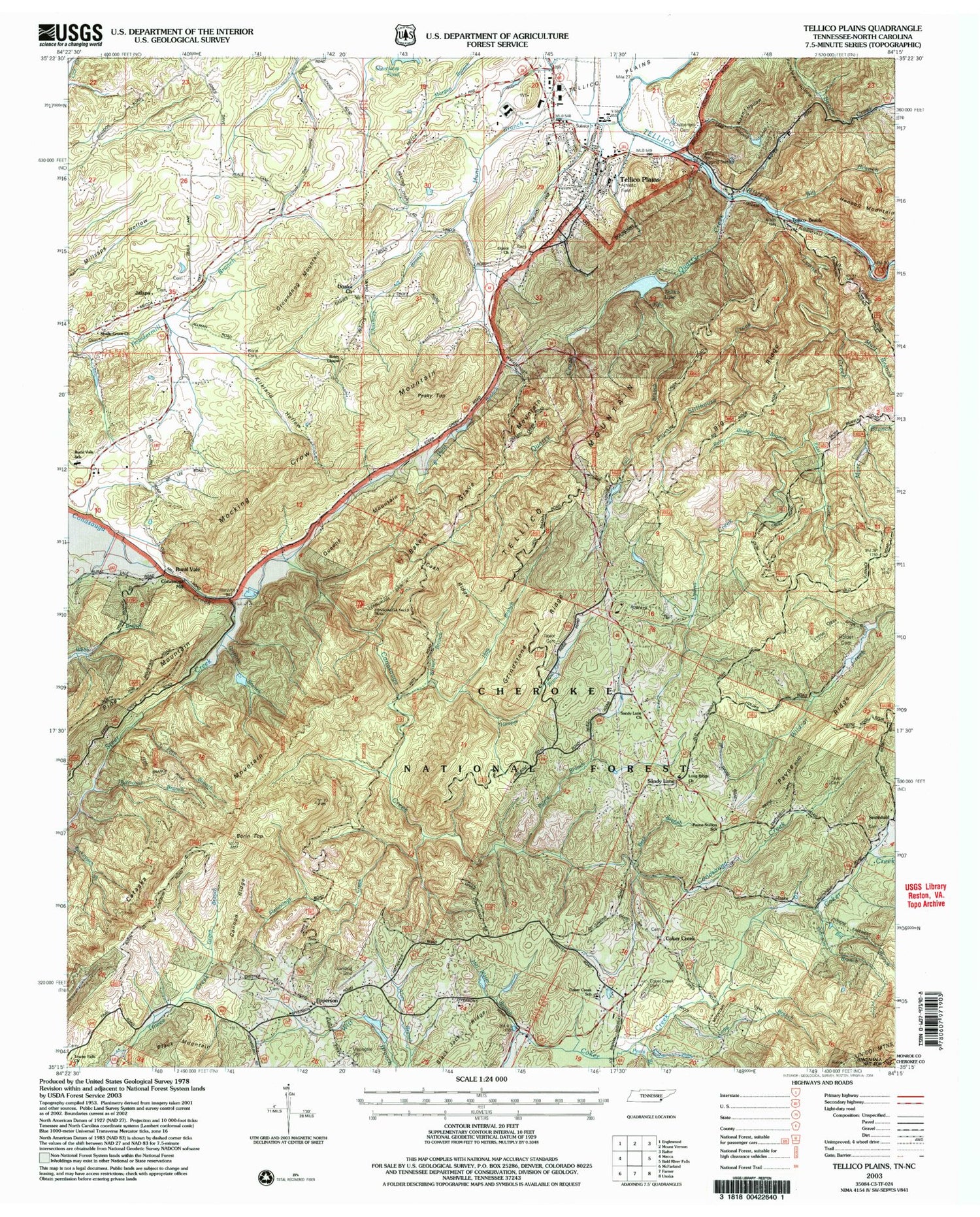 Classic USGS Tellico Plains Tennessee 7.5'x7.5' Topo Map Image