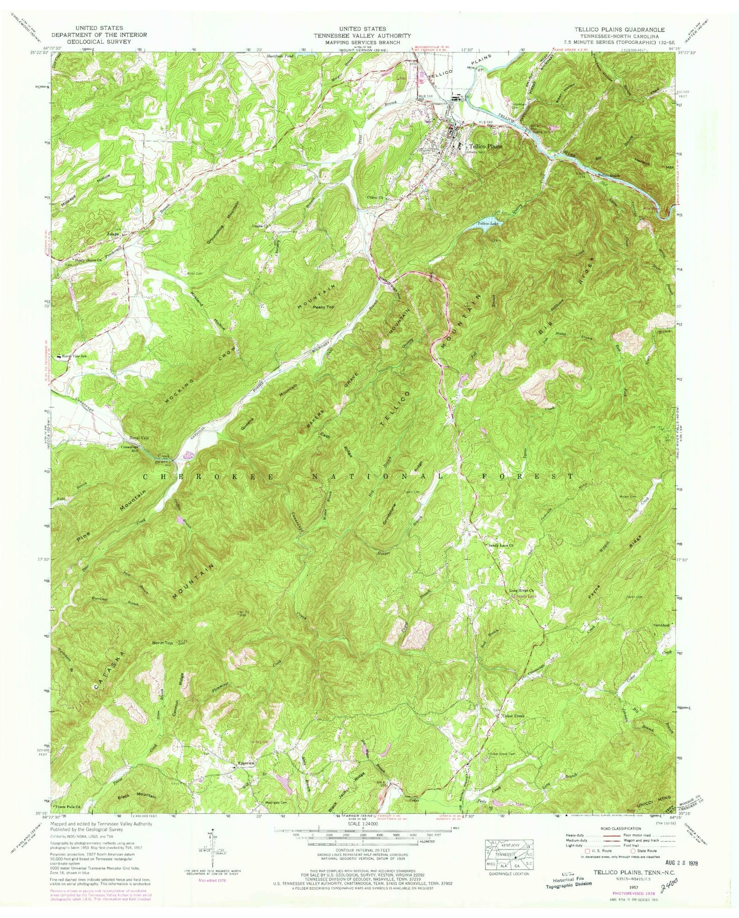 Classic USGS Tellico Plains Tennessee 7.5'x7.5' Topo Map Image