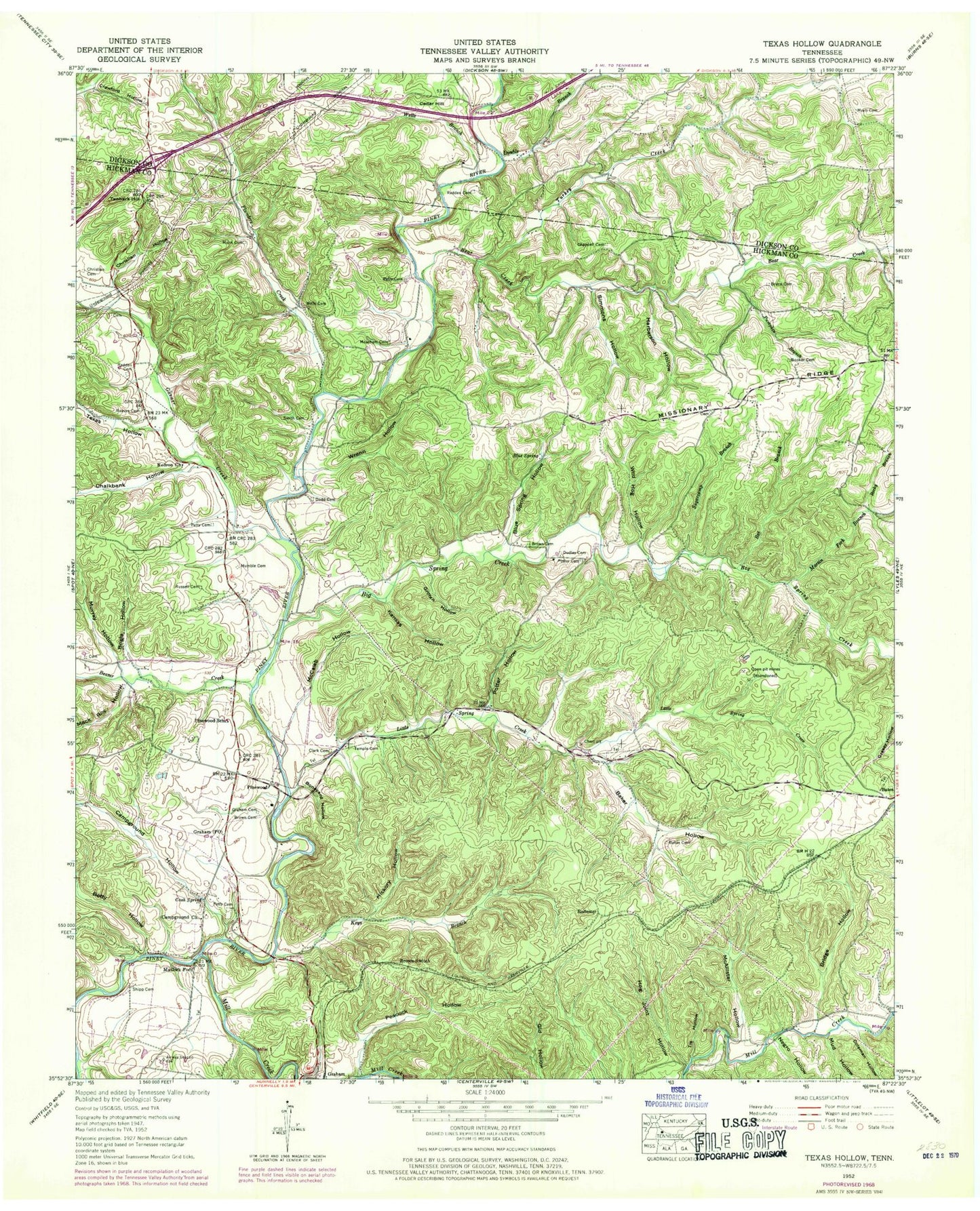 Classic USGS Texas Hollow Tennessee 7.5'x7.5' Topo Map Image