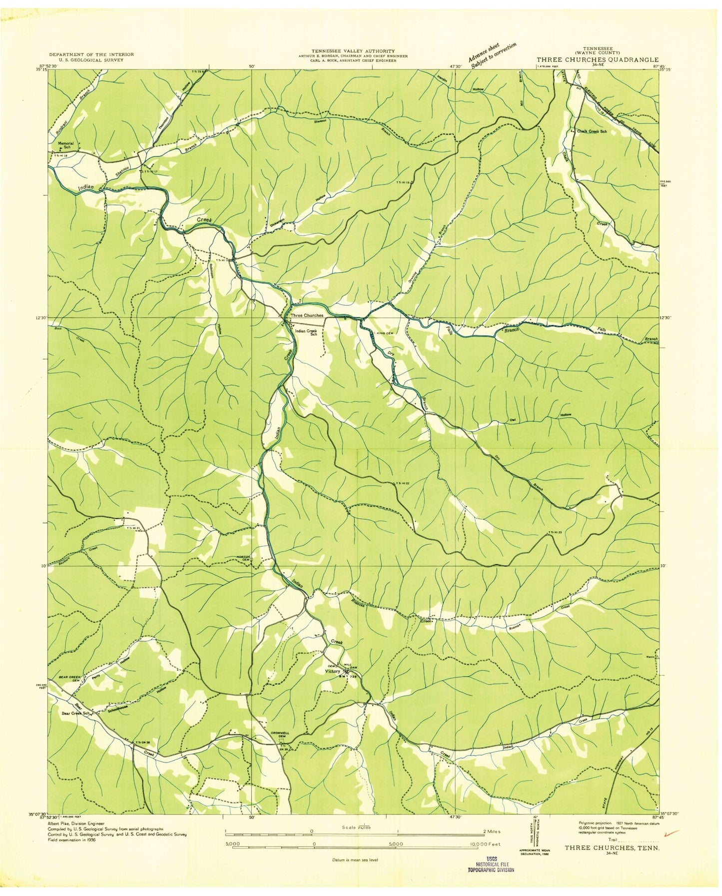 Classic USGS Three Churches Tennessee 7.5'x7.5' Topo Map Image