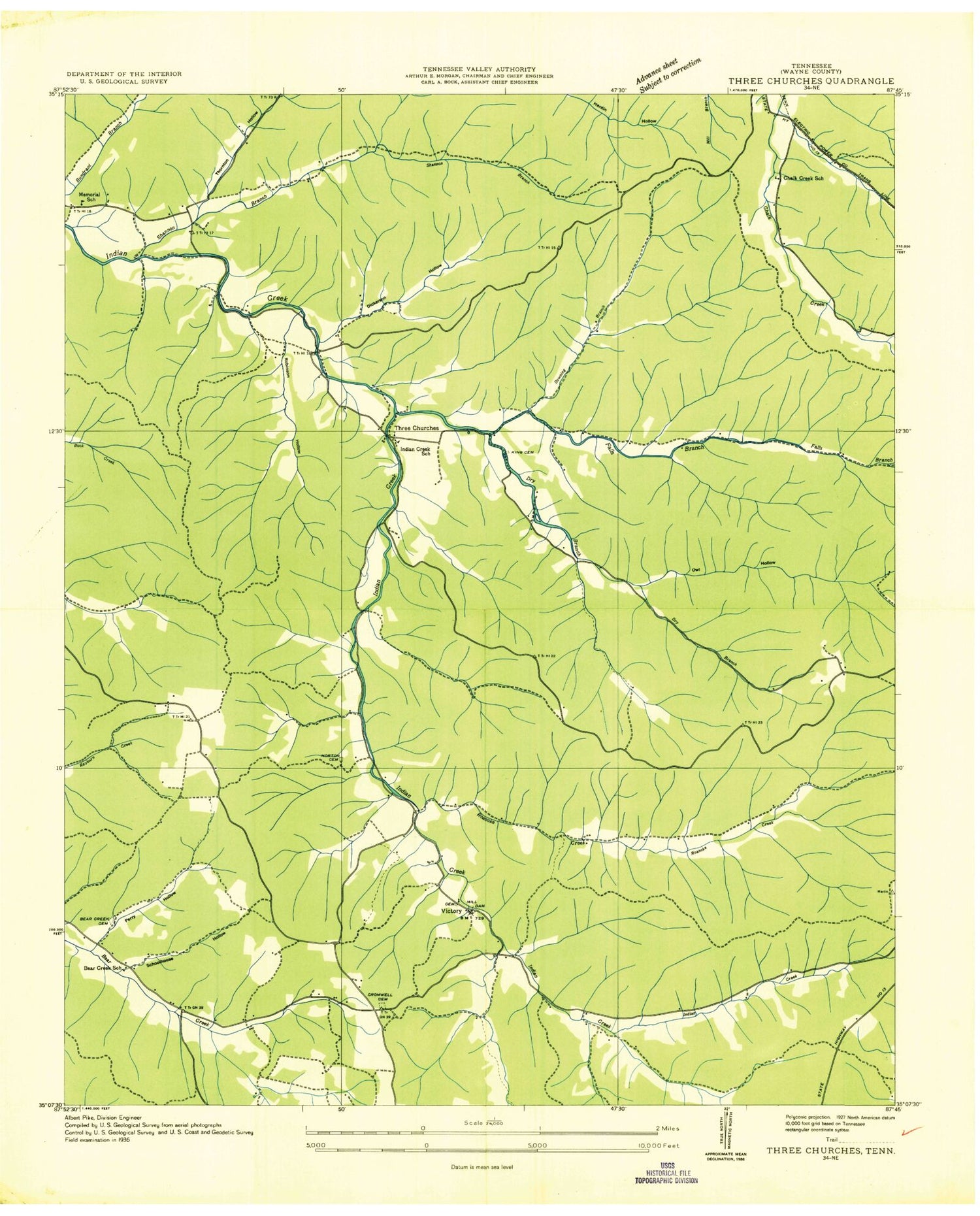 Classic USGS Three Churches Tennessee 7.5'x7.5' Topo Map Image