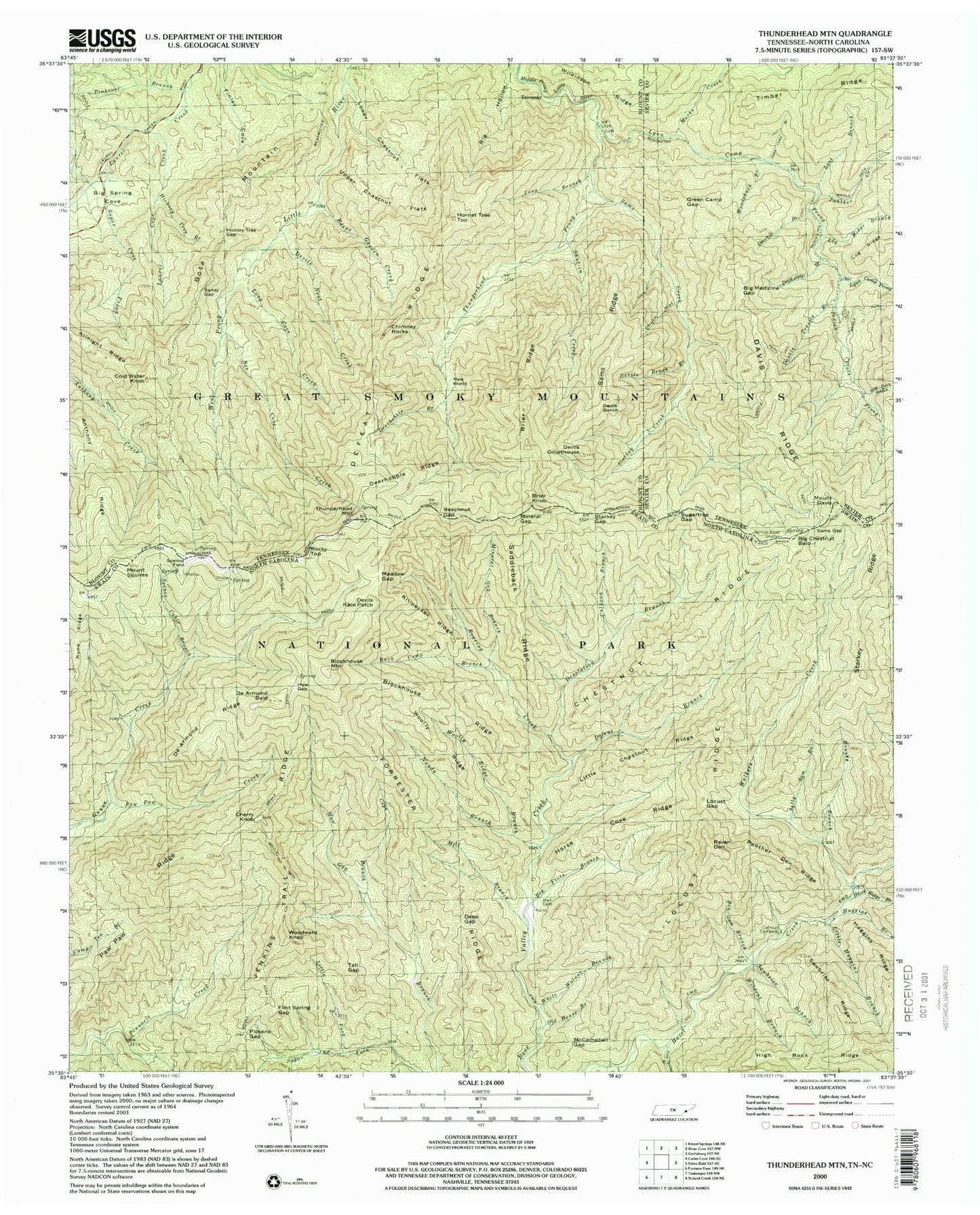 Classic USGS Thunderhead Mountain North Carolina 7.5'x7.5' Topo Map Image