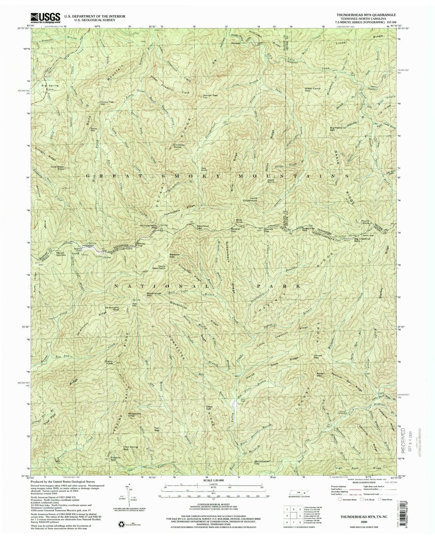 Classic USGS Thunderhead Mountain North Carolina 7.5'x7.5' Topo Map Image