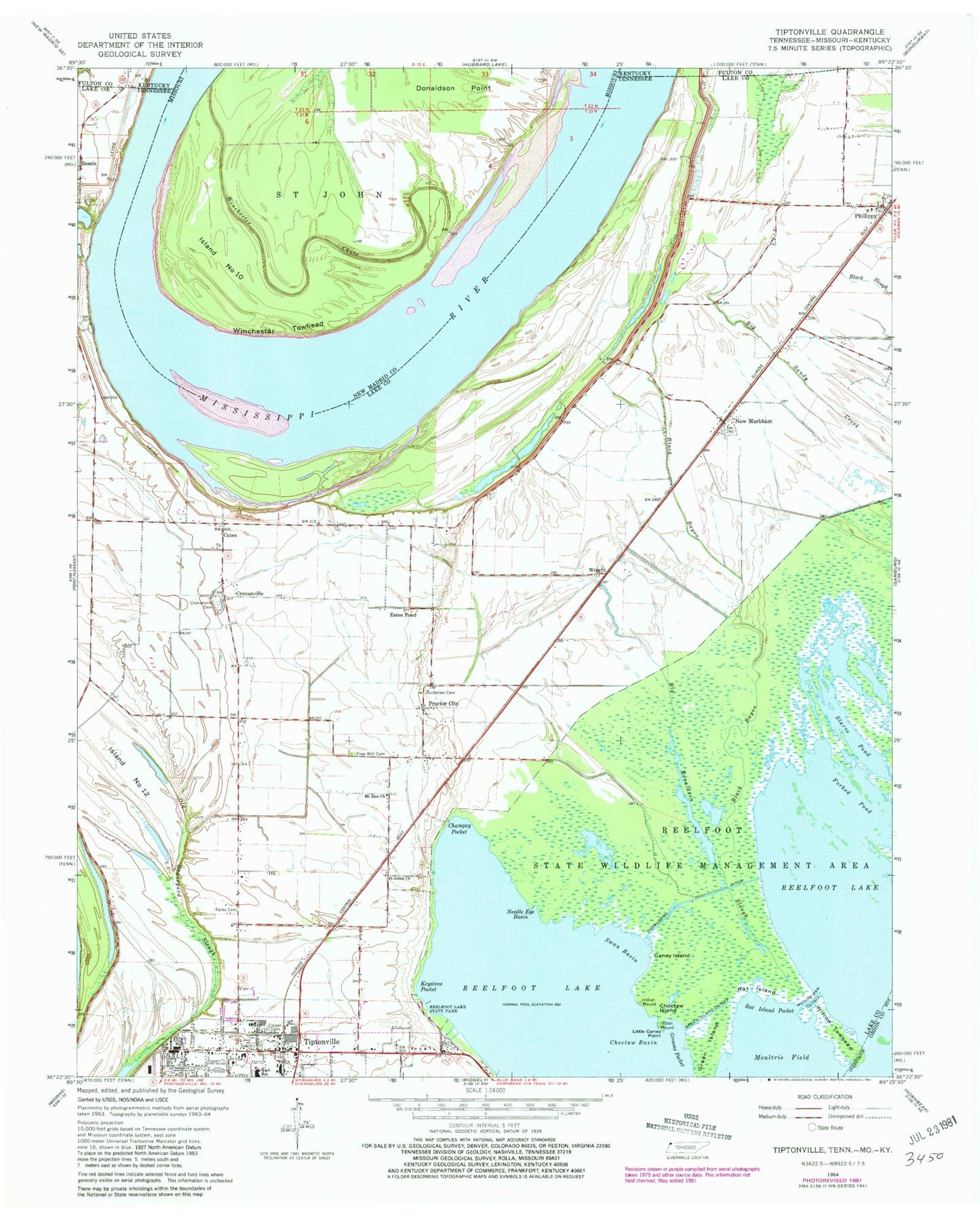 Classic USGS Tiptonville Tennessee 7.5'x7.5' Topo Map Image