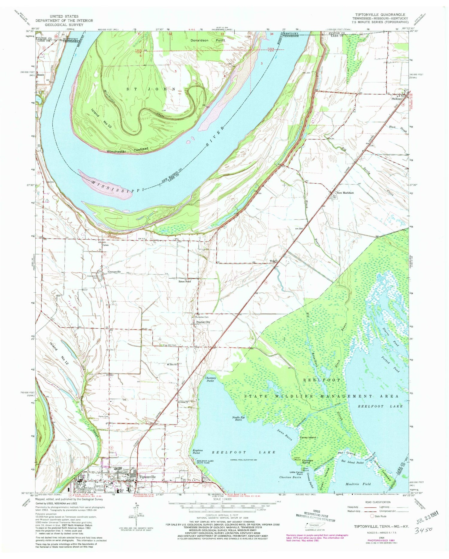 Classic USGS Tiptonville Tennessee 7.5'x7.5' Topo Map Image