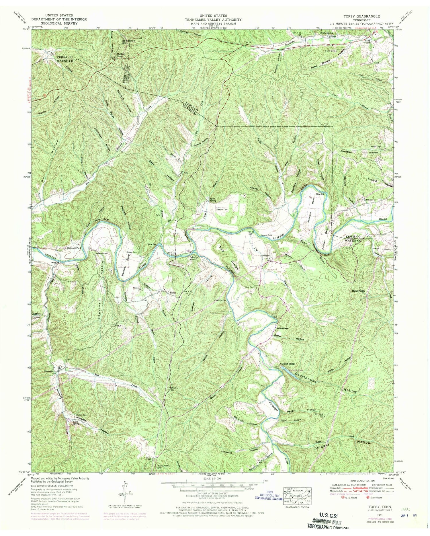 Classic USGS Topsy Tennessee 7.5'x7.5' Topo Map Image