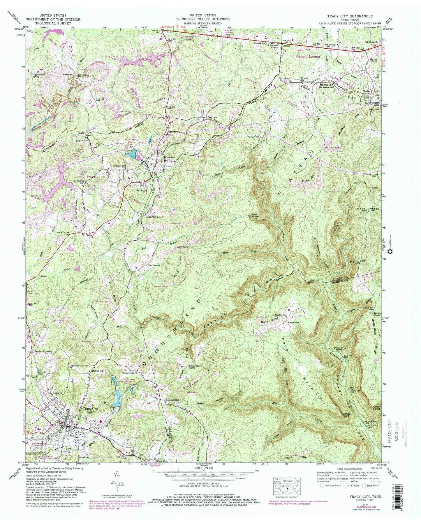 Classic USGS Tracy City Tennessee 7.5'x7.5' Topo Map Image