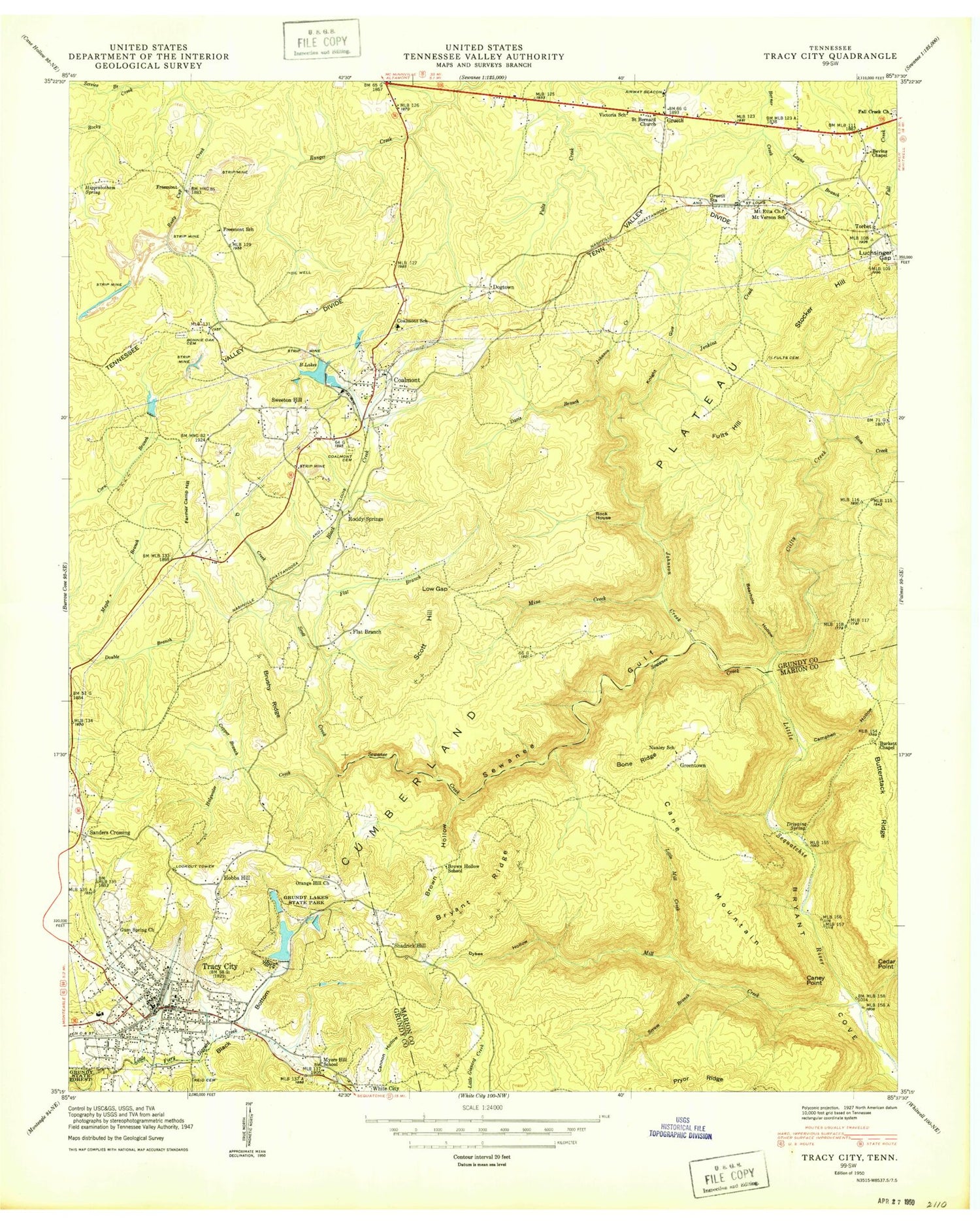 Classic USGS Tracy City Tennessee 7.5'x7.5' Topo Map Image