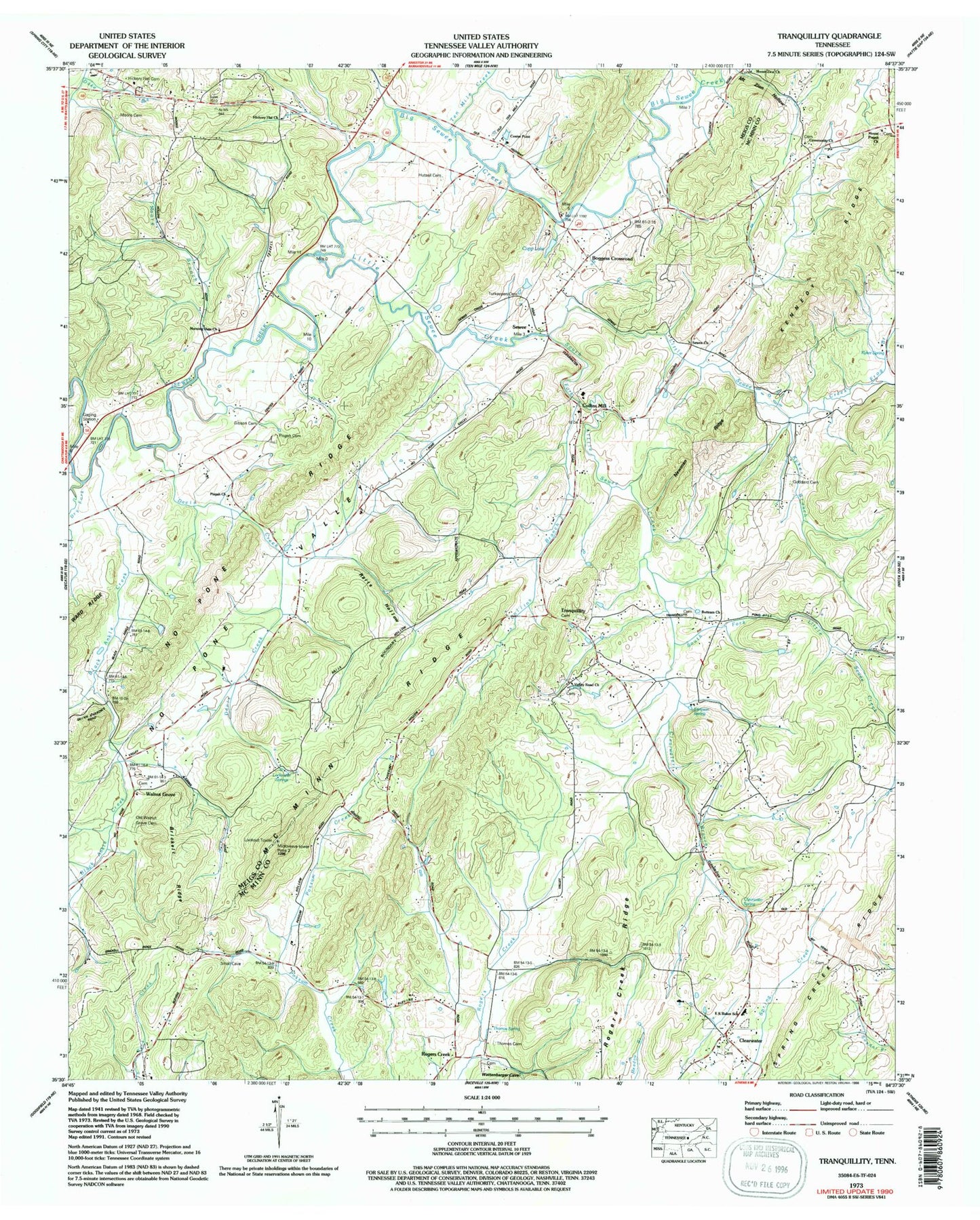 Classic USGS Tranquillity Tennessee 7.5'x7.5' Topo Map Image