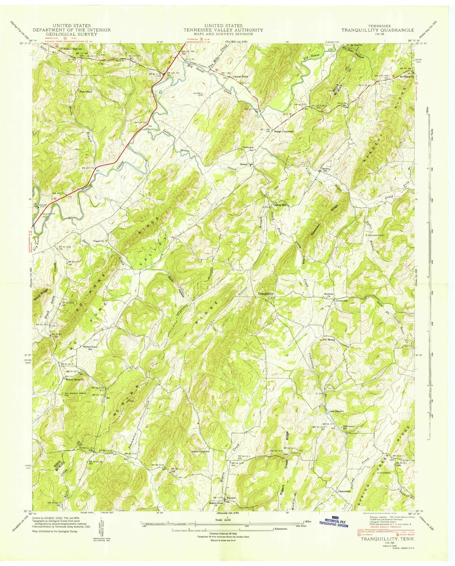 Classic USGS Tranquillity Tennessee 7.5'x7.5' Topo Map Image