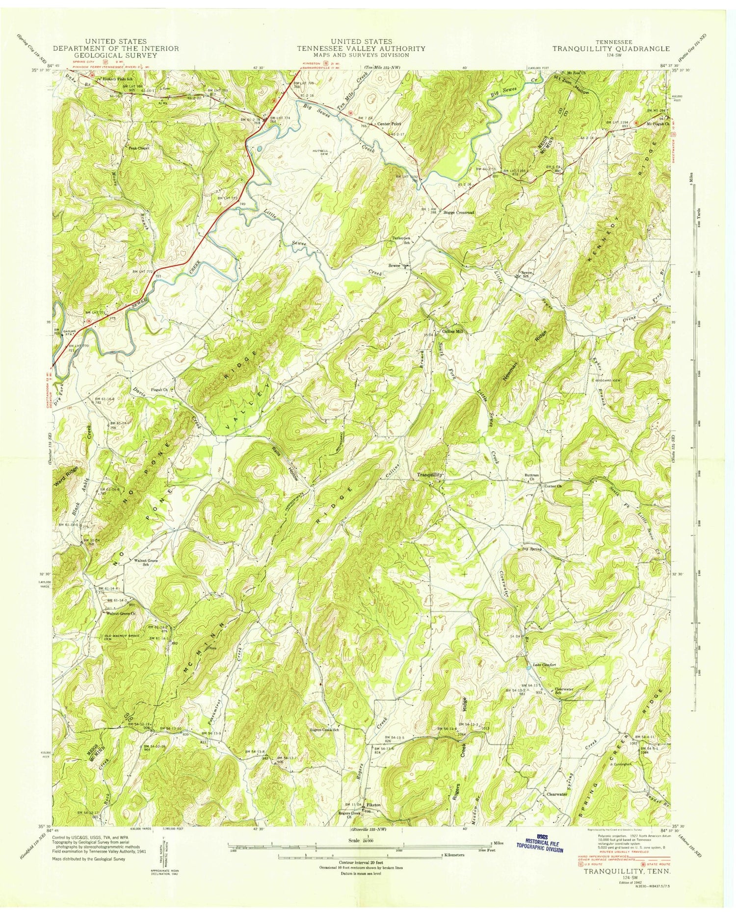 Classic USGS Tranquillity Tennessee 7.5'x7.5' Topo Map Image