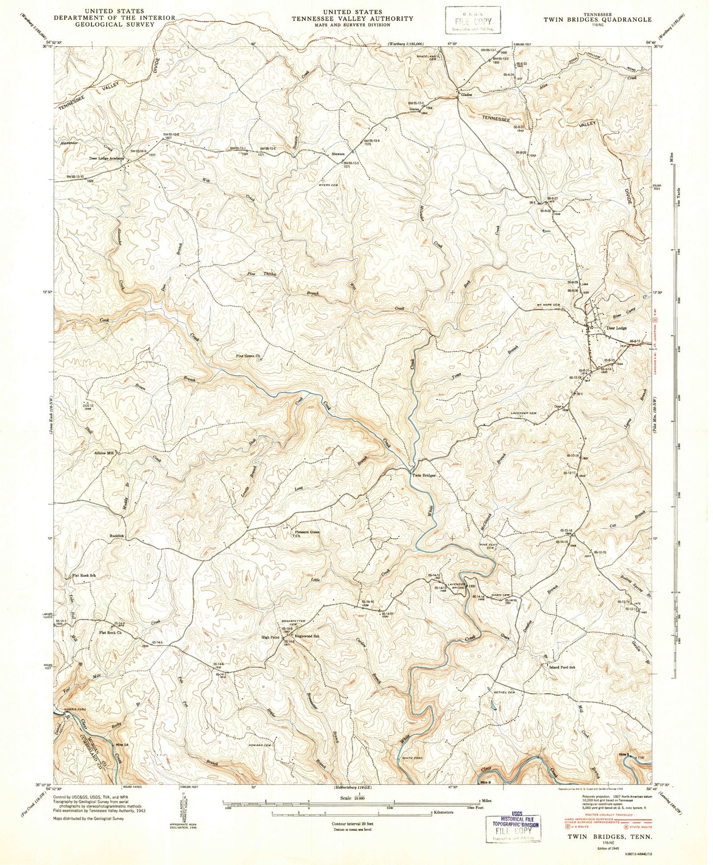 Classic USGS Twin Bridges Tennessee 7.5'x7.5' Topo Map Image