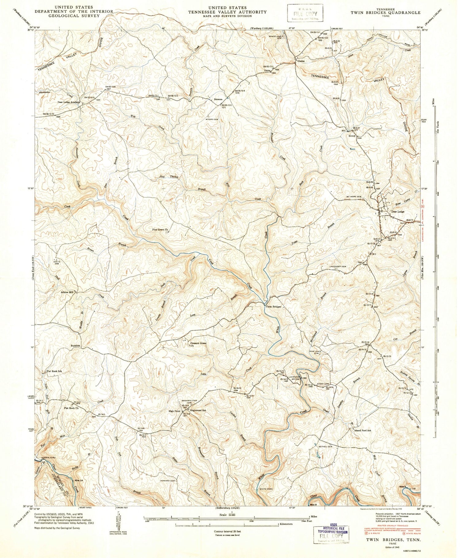 Classic USGS Twin Bridges Tennessee 7.5'x7.5' Topo Map Image