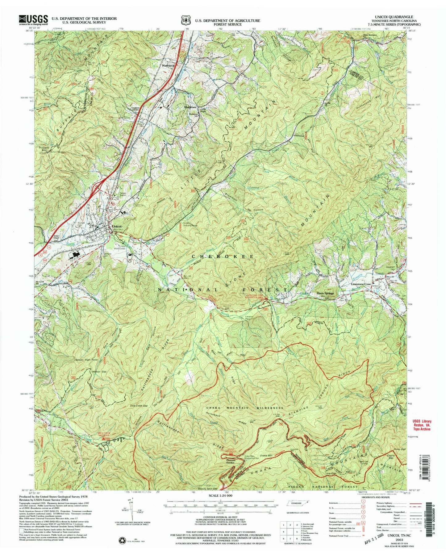 Classic USGS Unicoi Tennessee 7.5'x7.5' Topo Map Image