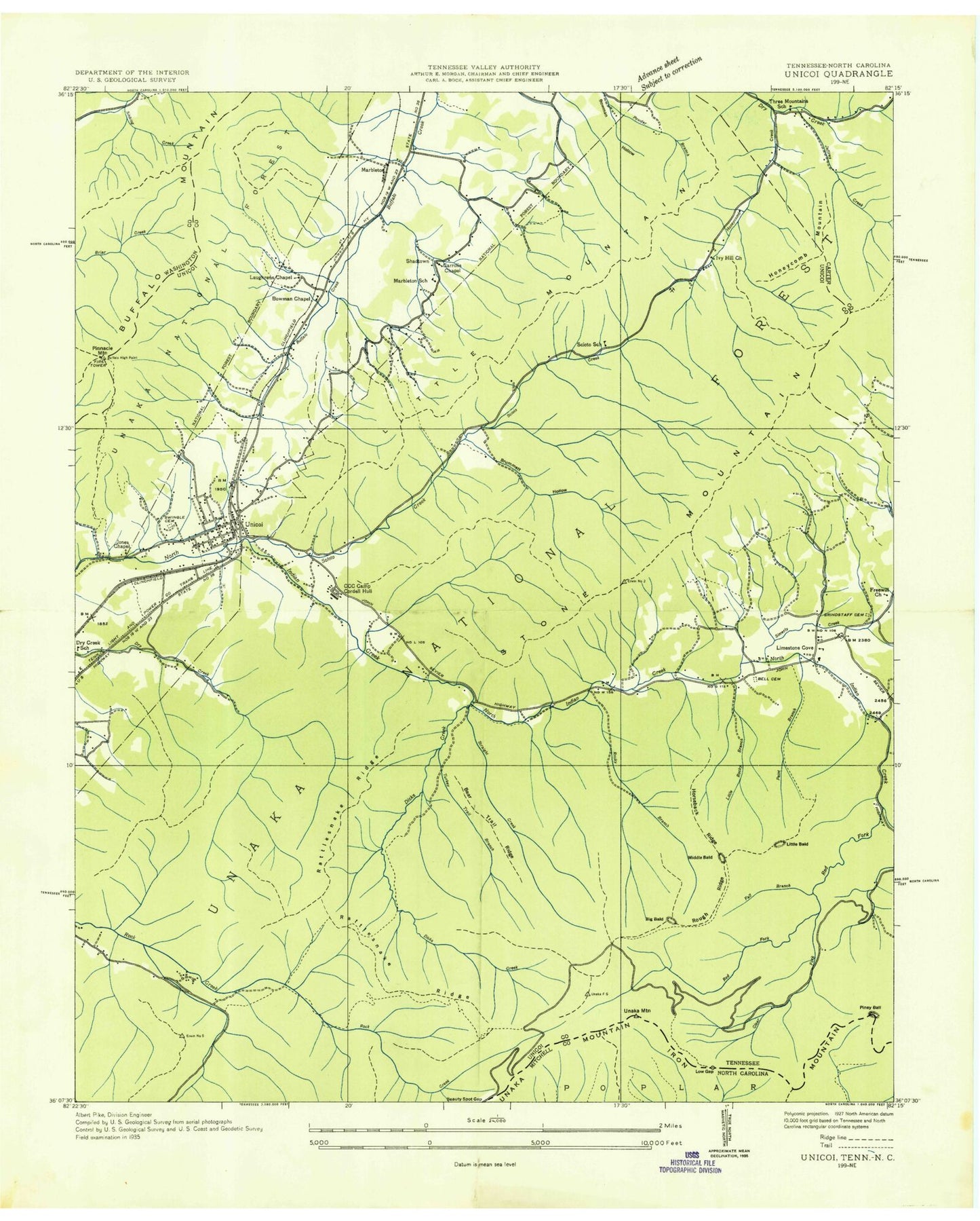 Classic USGS Unicoi Tennessee 7.5'x7.5' Topo Map Image