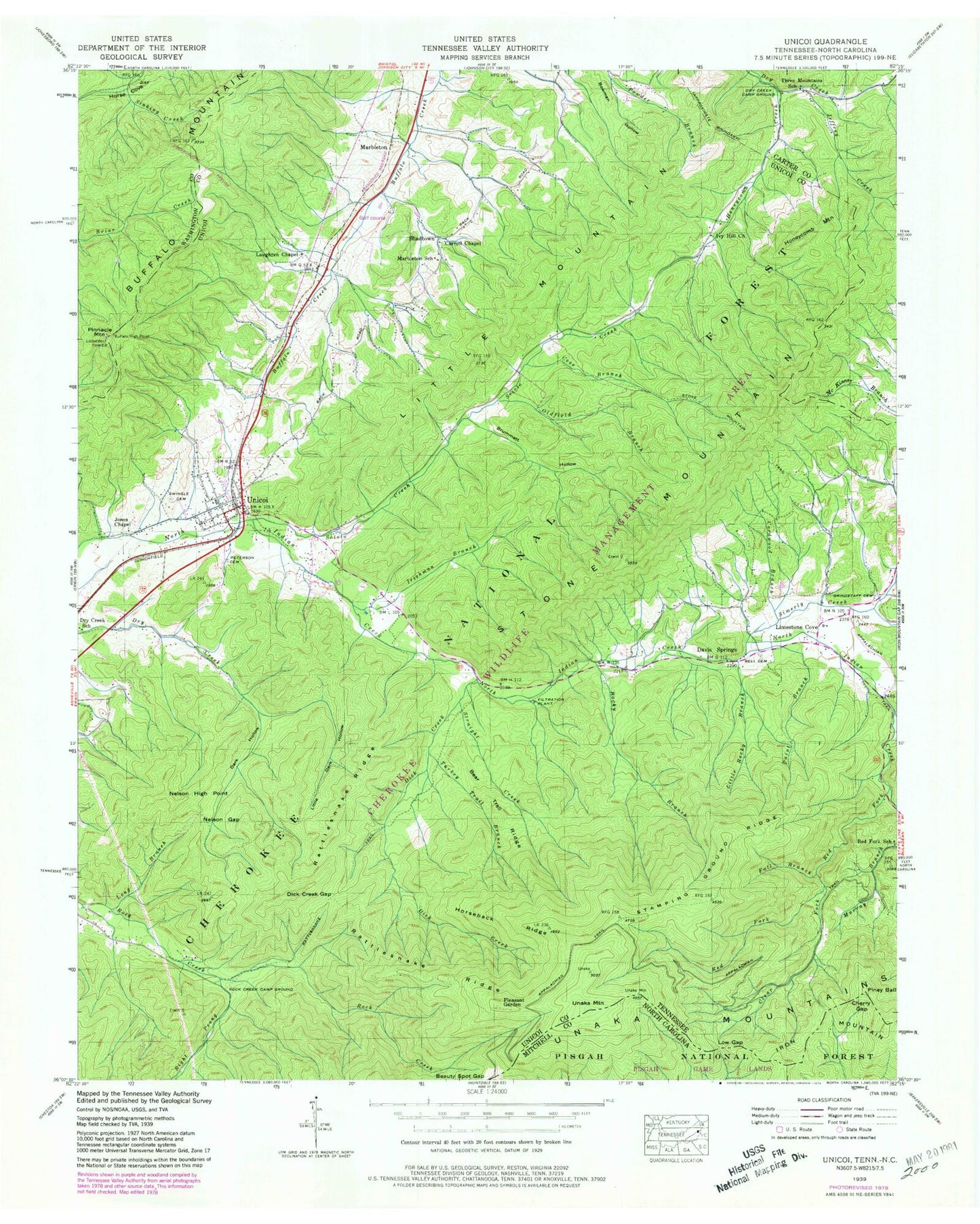 Classic USGS Unicoi Tennessee 7.5'x7.5' Topo Map Image