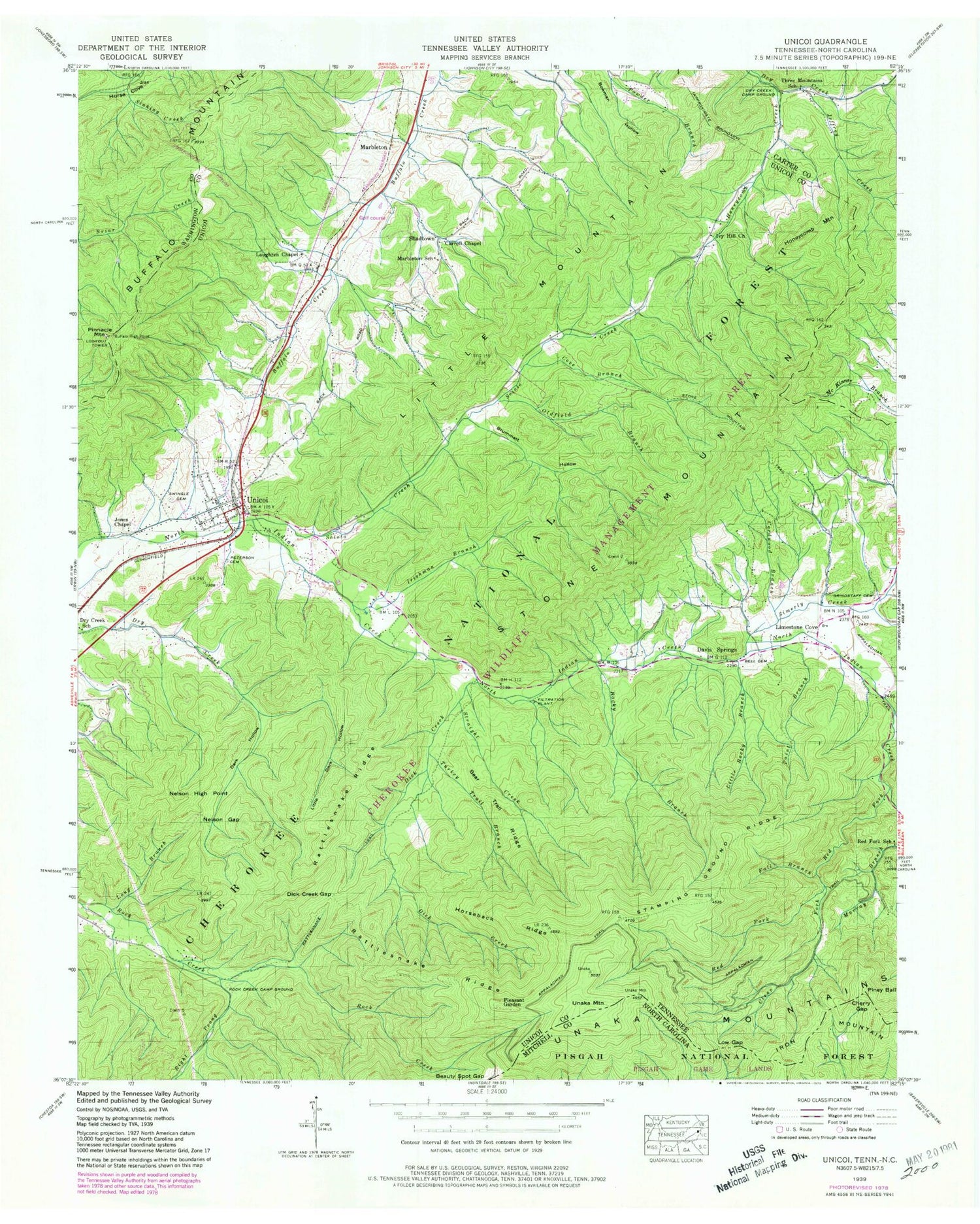 Classic USGS Unicoi Tennessee 7.5'x7.5' Topo Map Image