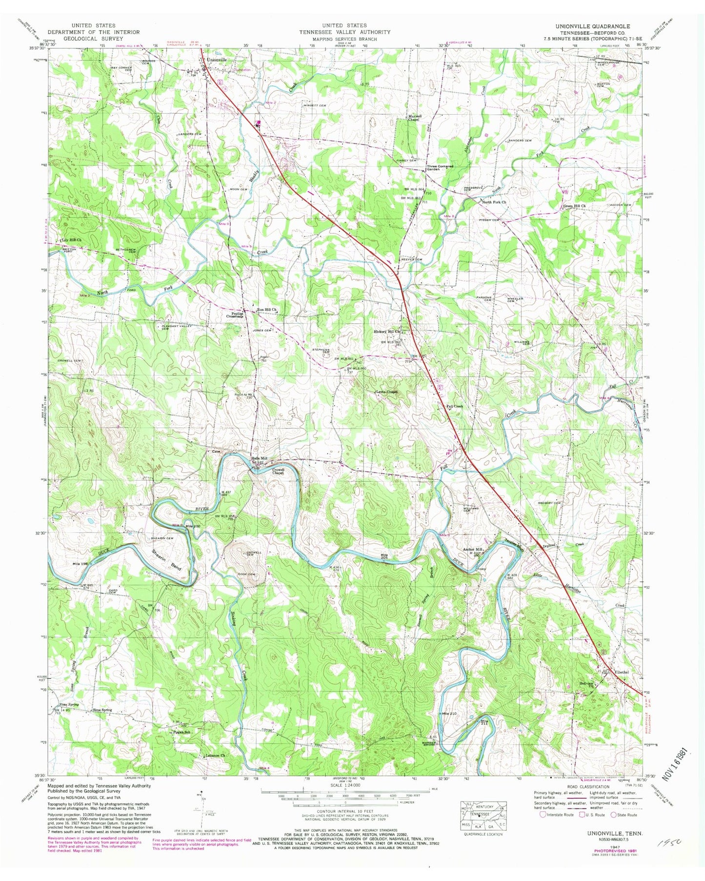 Classic USGS Unionville Tennessee 7.5'x7.5' Topo Map Image