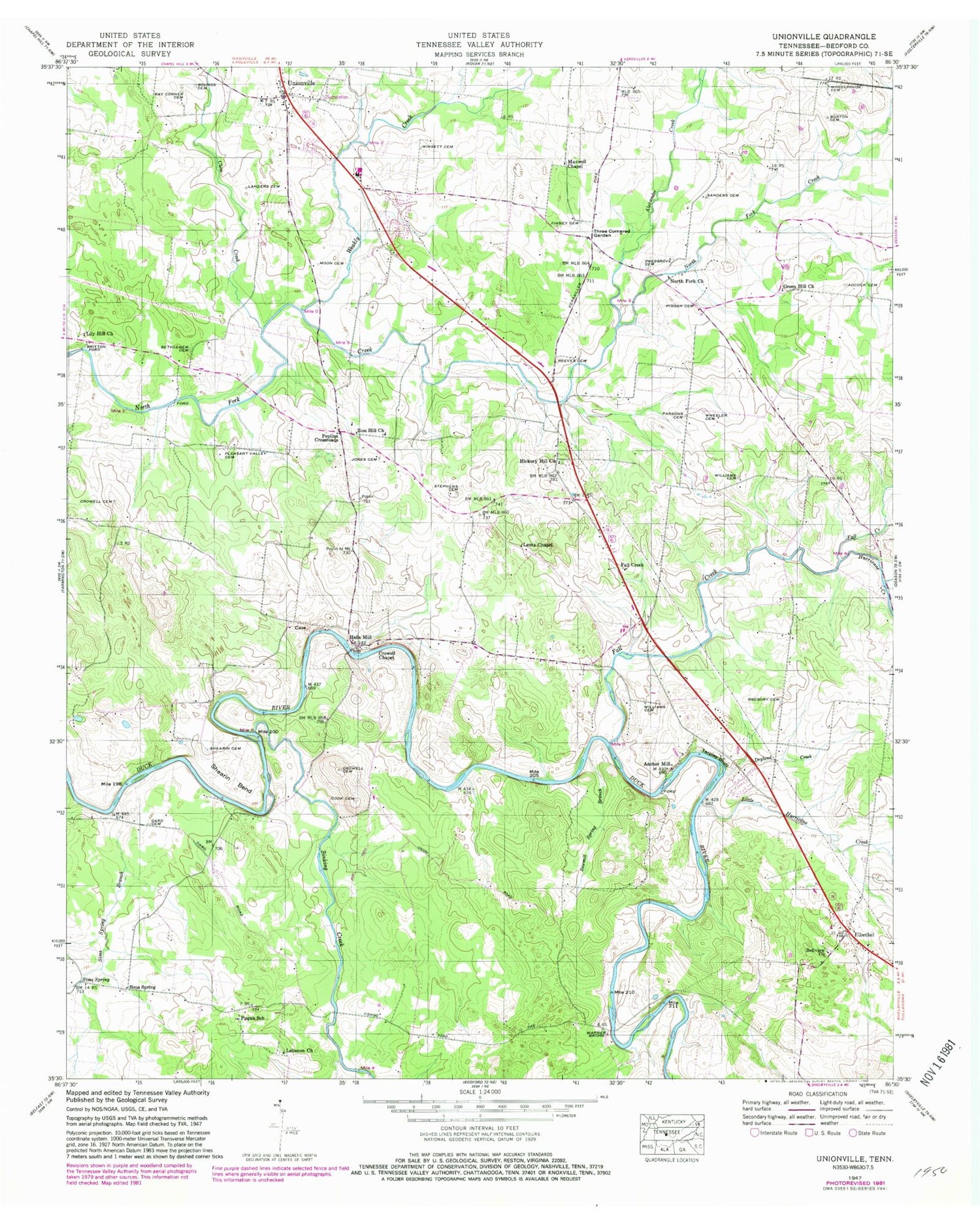 Classic USGS Unionville Tennessee 7.5'x7.5' Topo Map Image