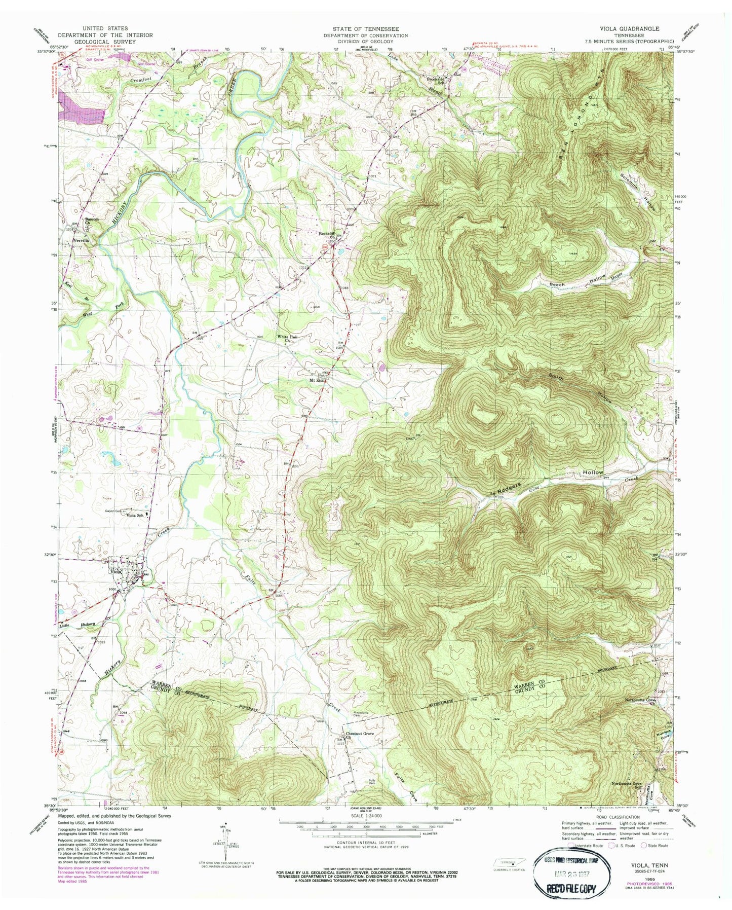 Classic USGS Viola Tennessee 7.5'x7.5' Topo Map Image