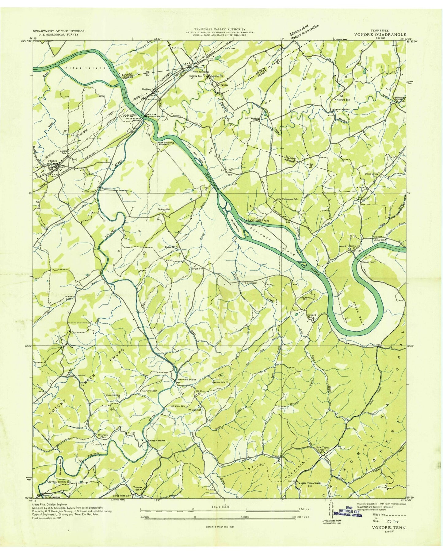 Classic USGS Vonore Tennessee 7.5'x7.5' Topo Map Image