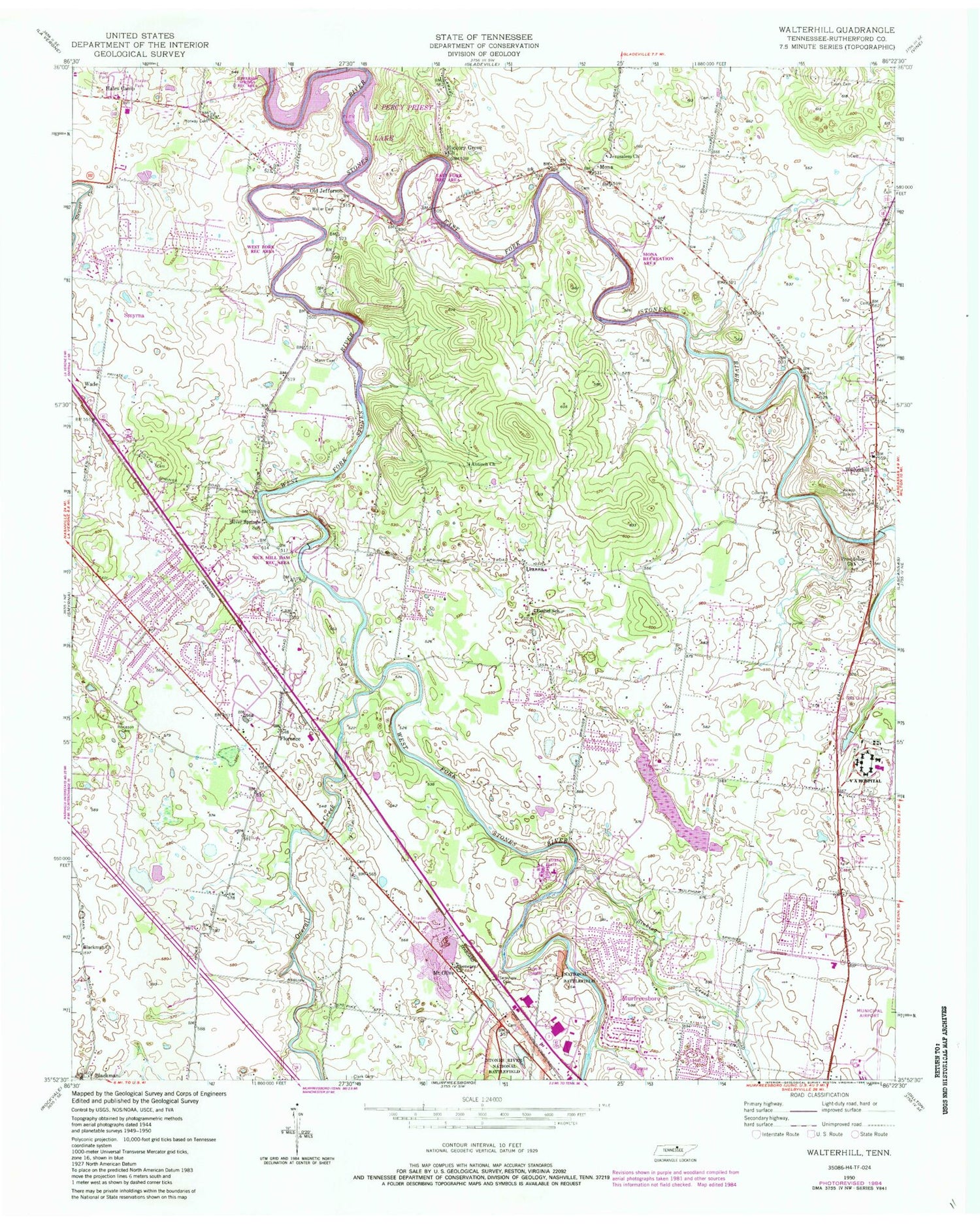 Classic USGS Walterhill Tennessee 7.5'x7.5' Topo Map Image