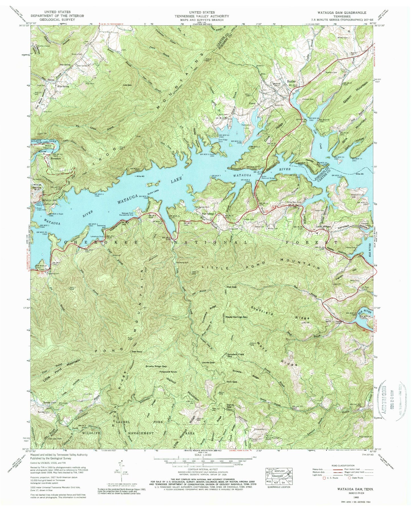 Classic USGS Watauga Dam Tennessee 7.5'x7.5' Topo Map Image