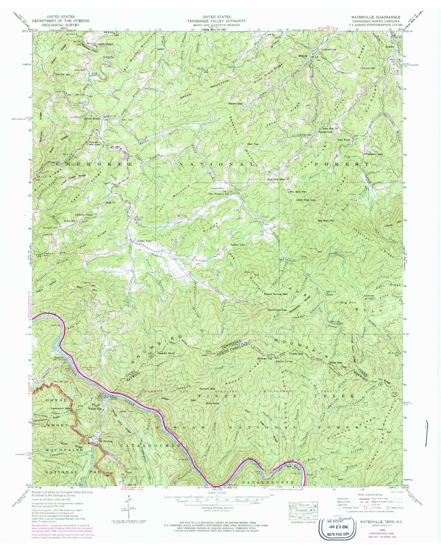 Classic USGS Waterville North Carolina 7.5'x7.5' Topo Map Image