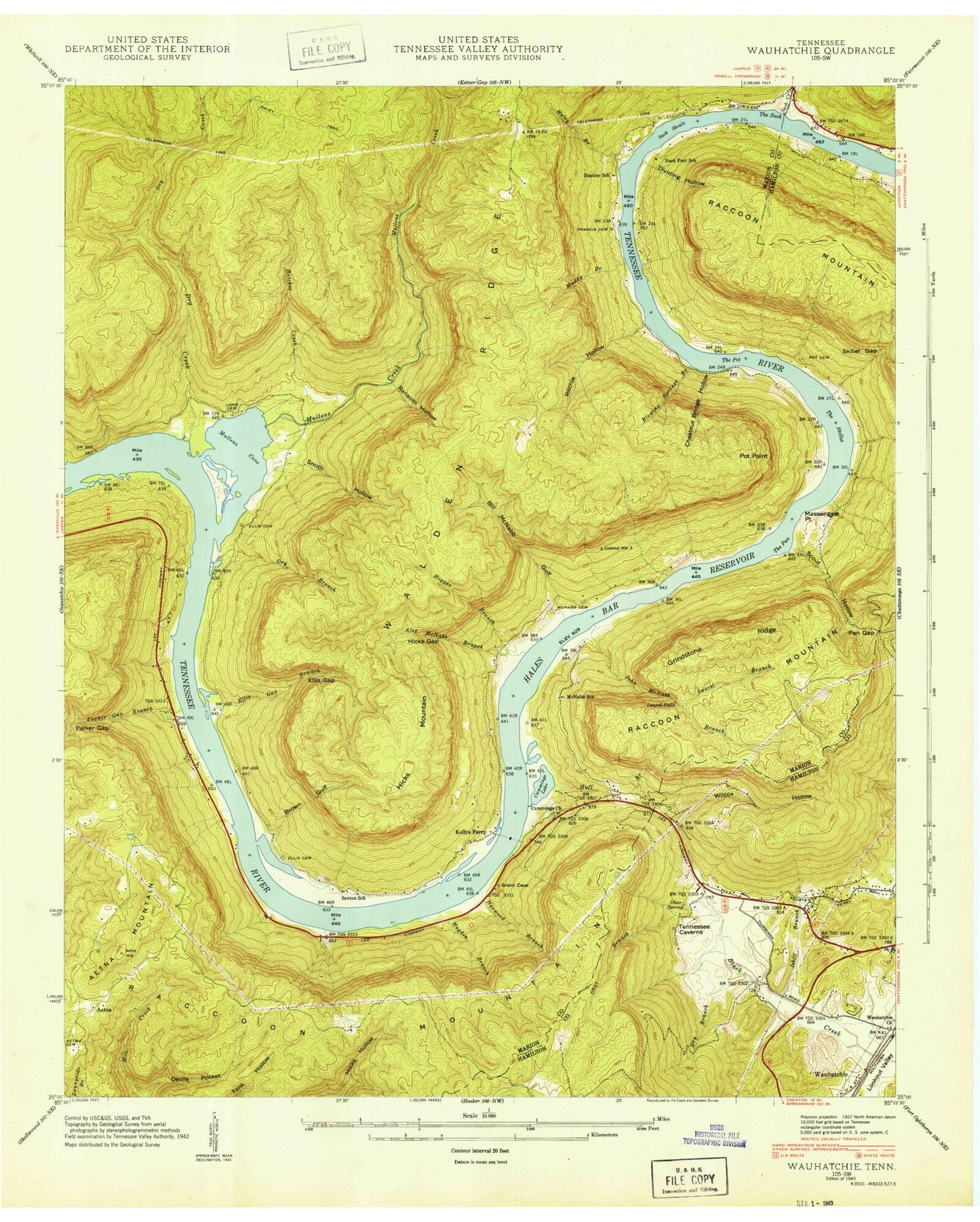 Classic USGS Wauhatchie Tennessee 7.5'x7.5' Topo Map Image