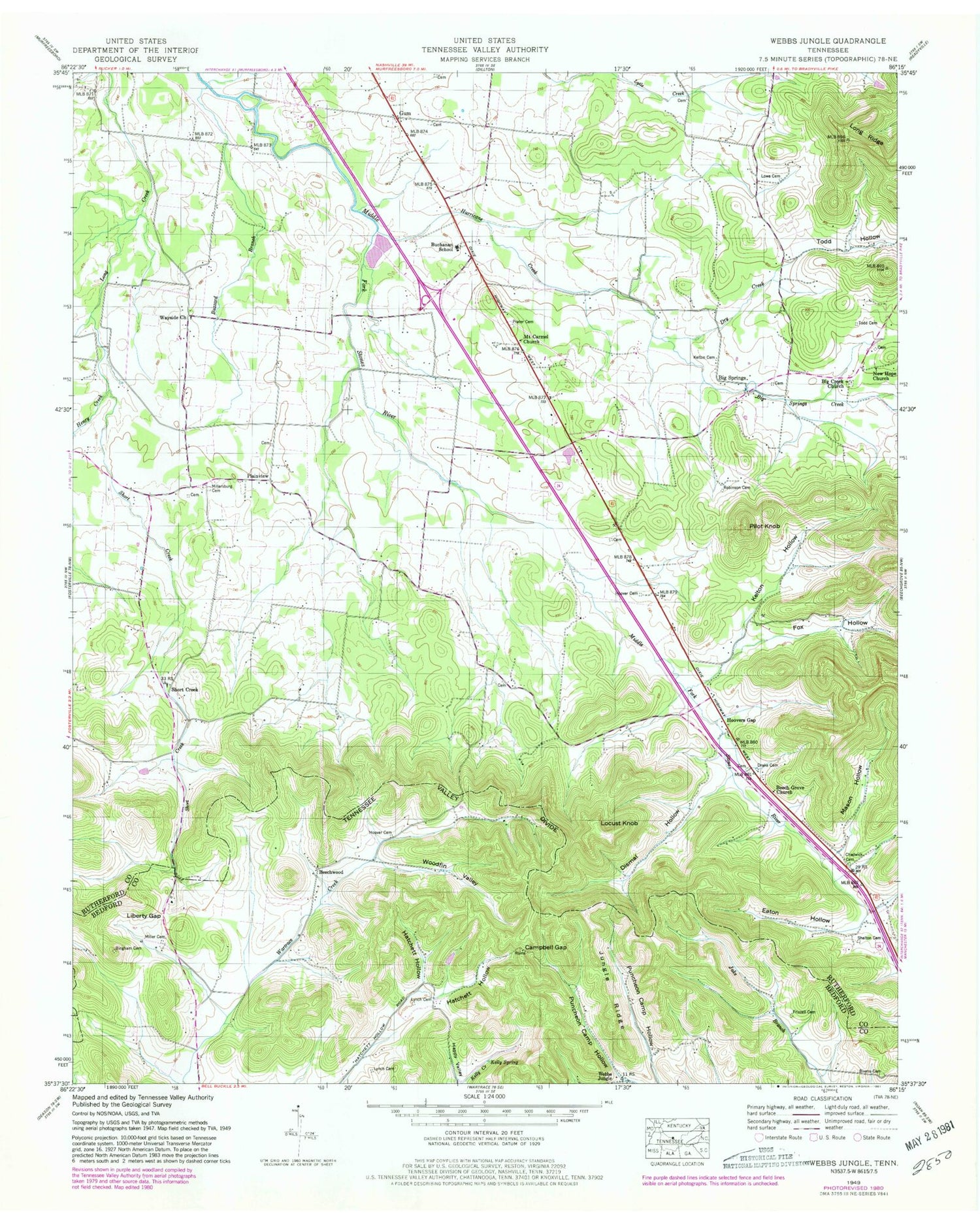 Classic USGS Webbs Jungle Tennessee 7.5'x7.5' Topo Map Image