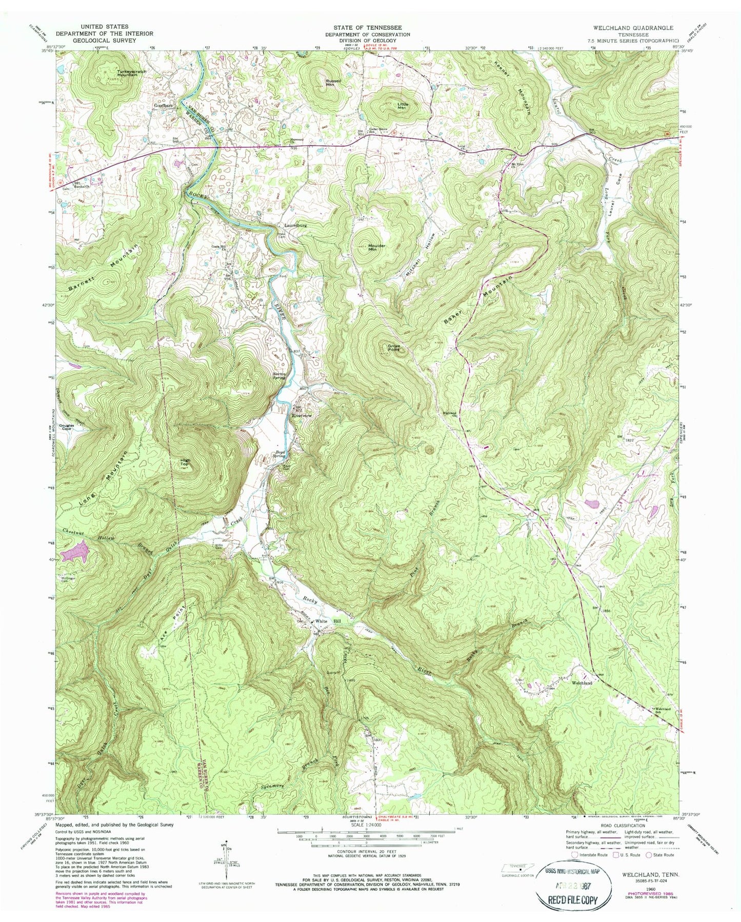 Classic USGS Welchland Tennessee 7.5'x7.5' Topo Map Image