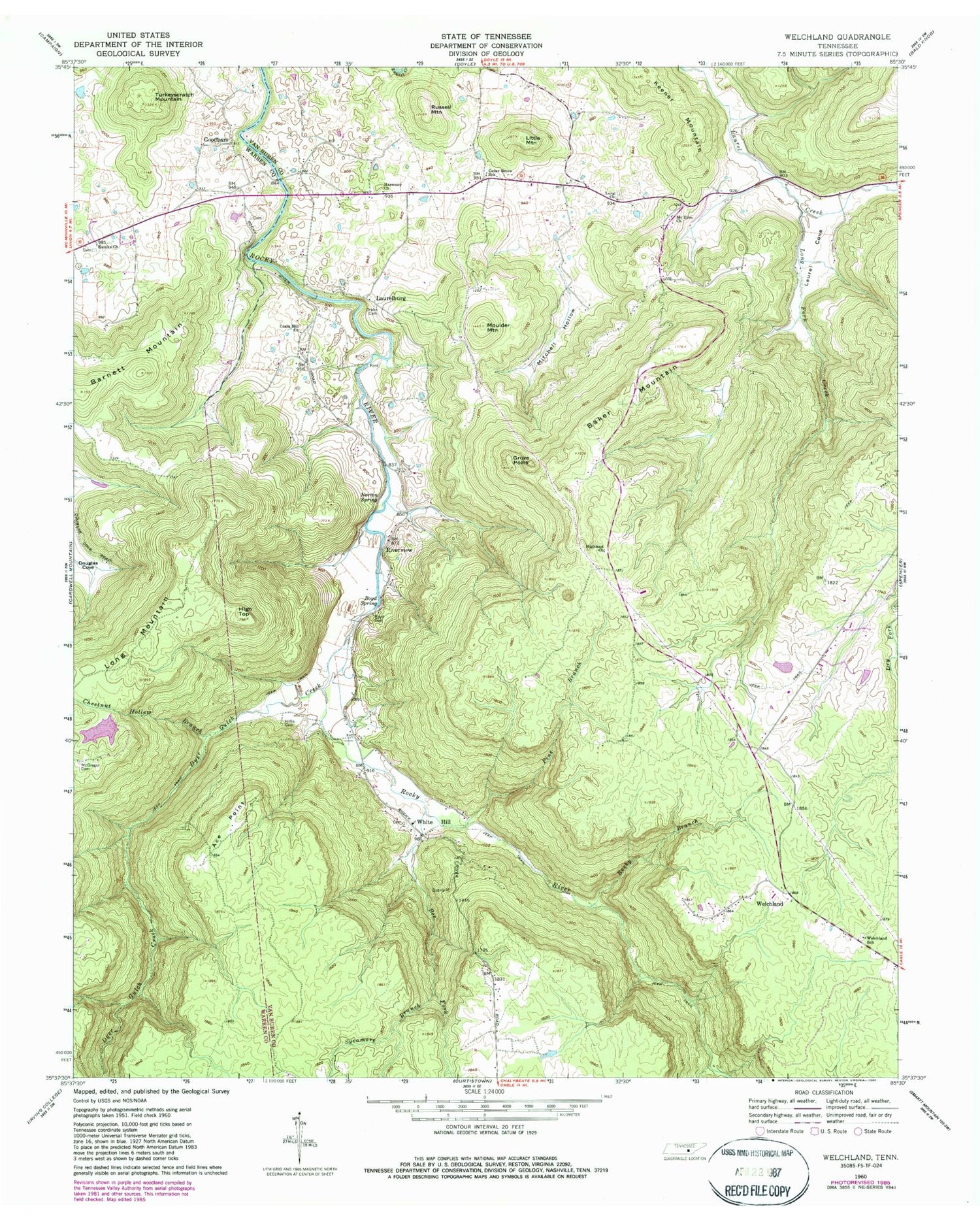 Classic USGS Welchland Tennessee 7.5'x7.5' Topo Map Image