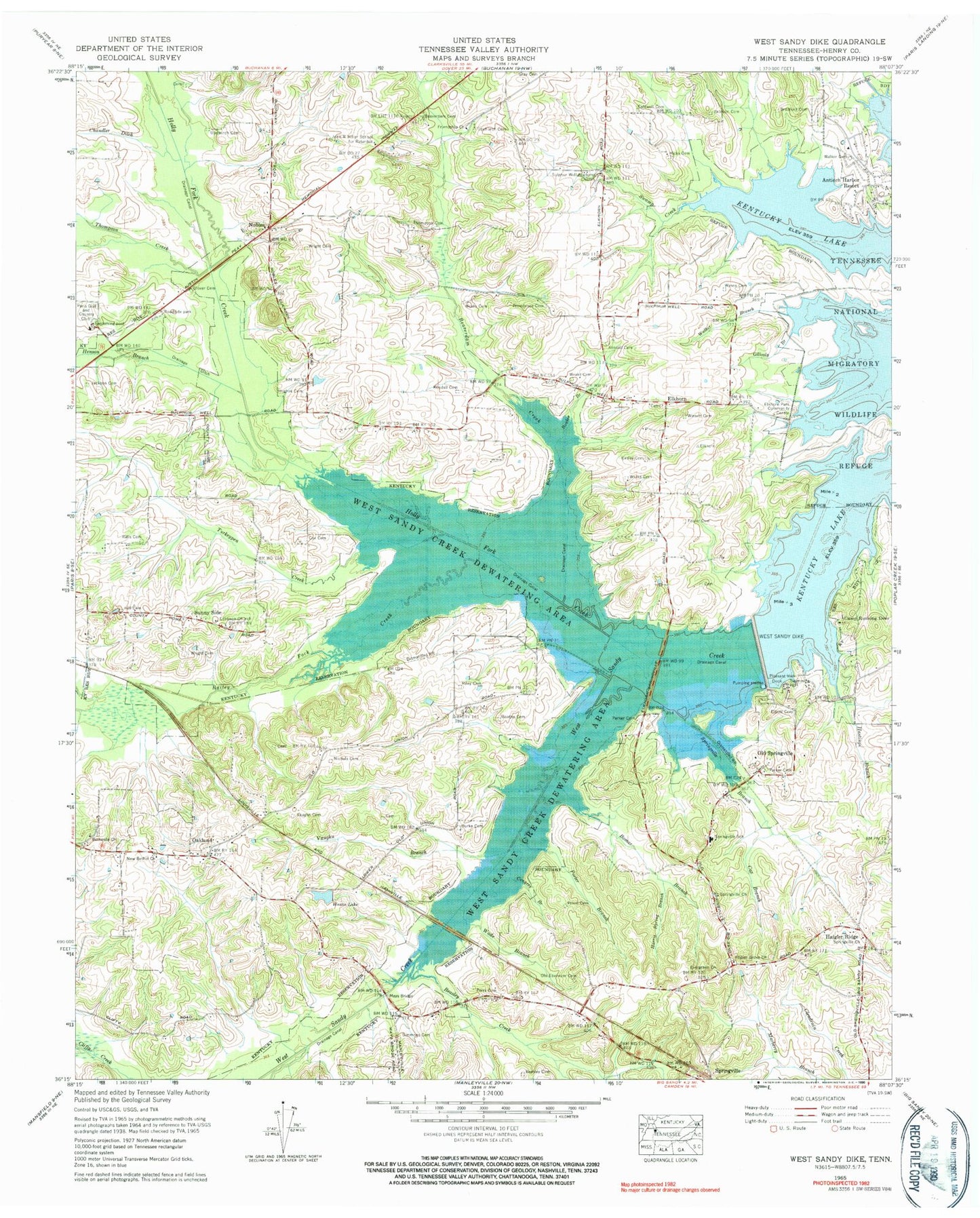 Classic USGS West Sandy Dike Tennessee 7.5'x7.5' Topo Map Image