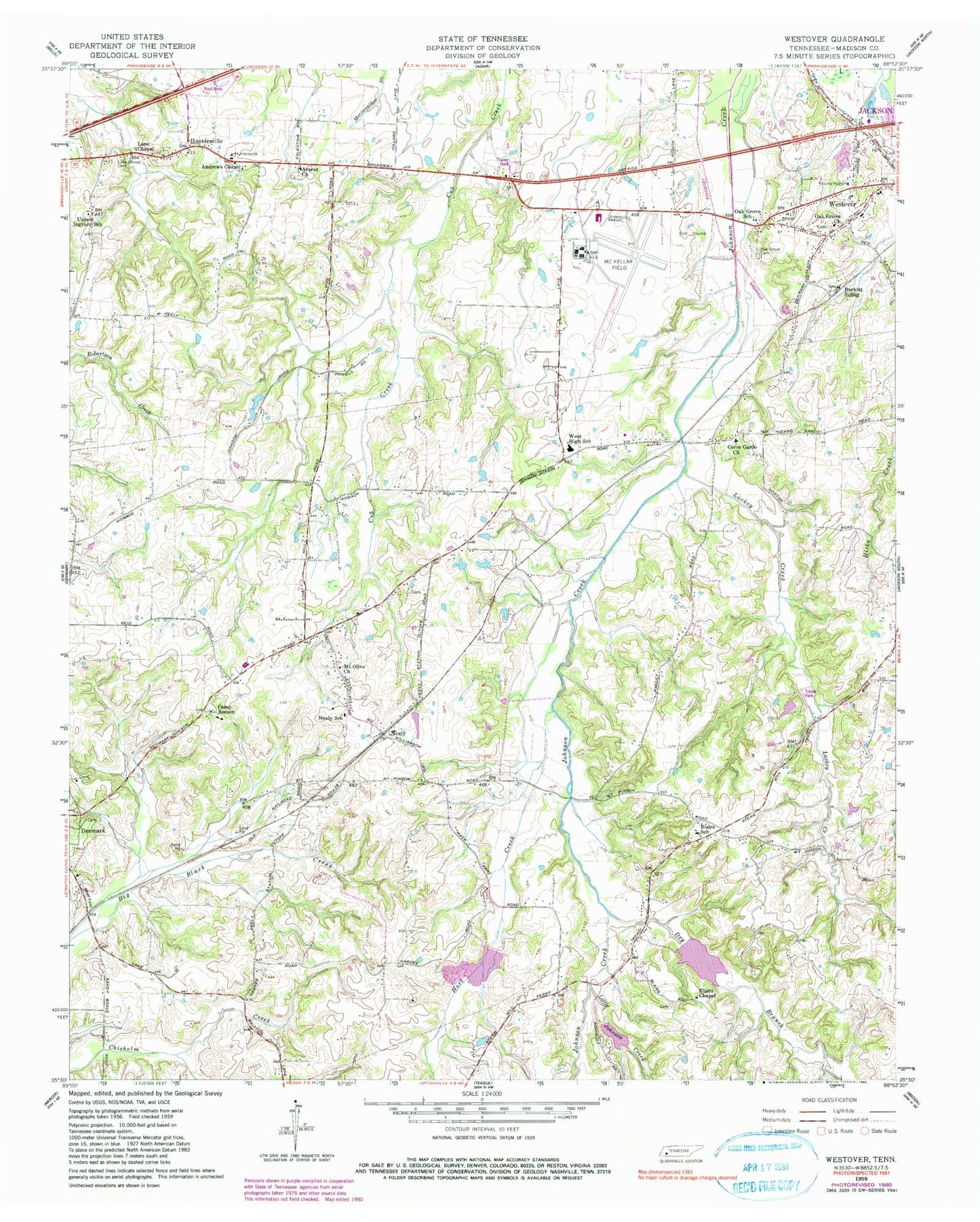 Classic USGS Westover Tennessee 7.5'x7.5' Topo Map Image