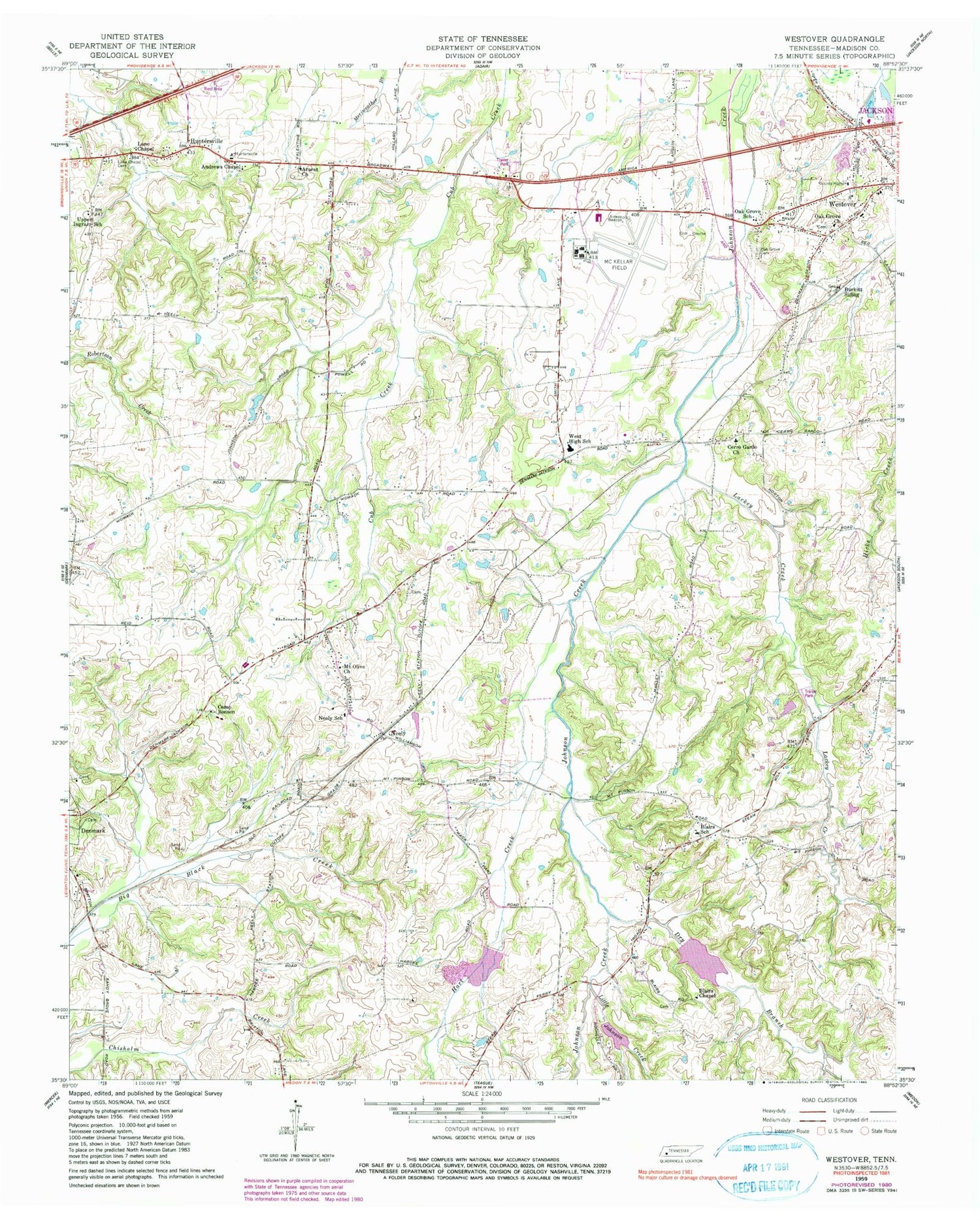 Classic USGS Westover Tennessee 7.5'x7.5' Topo Map Image