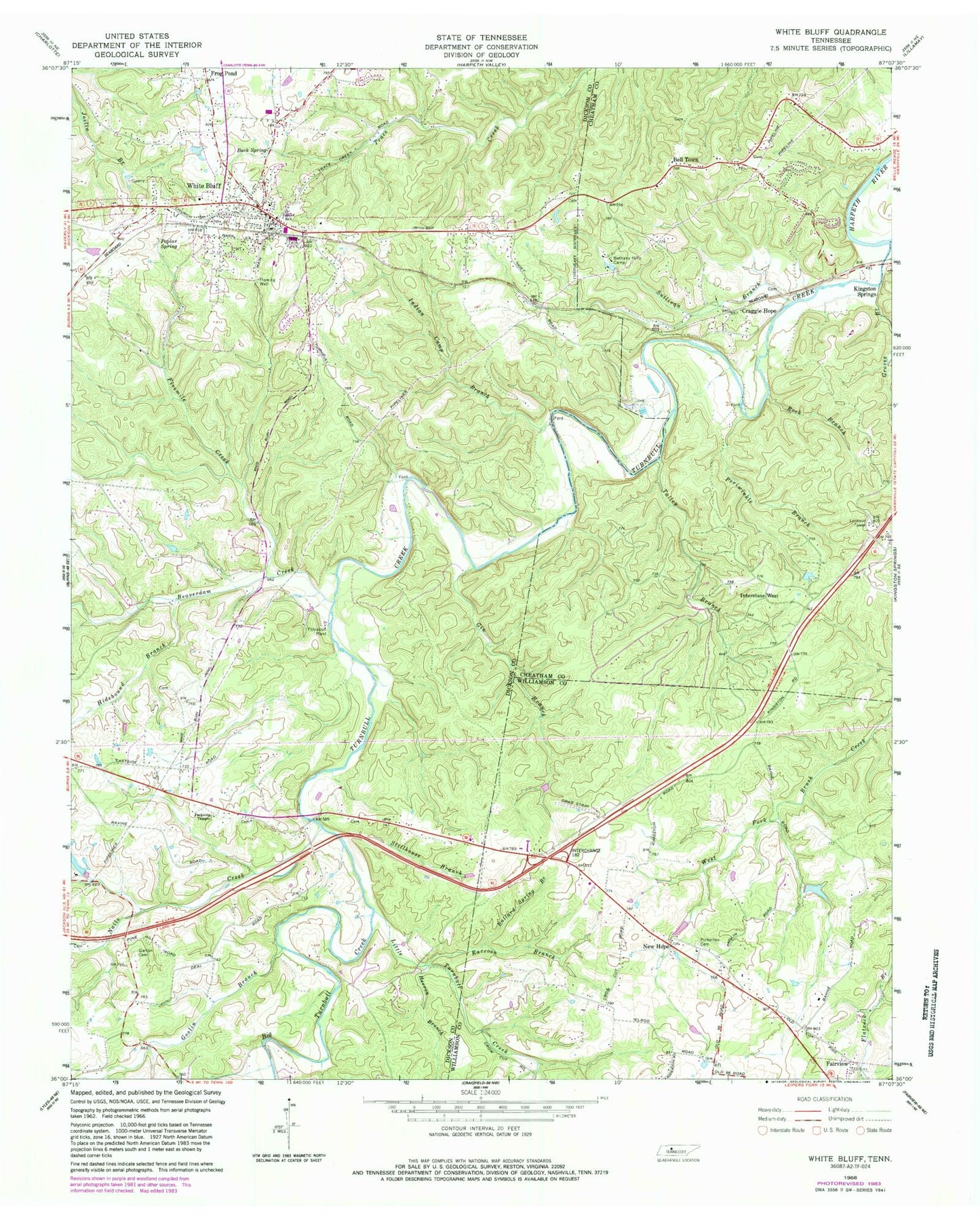Classic USGS White Bluff Tennessee 7.5'x7.5' Topo Map Image