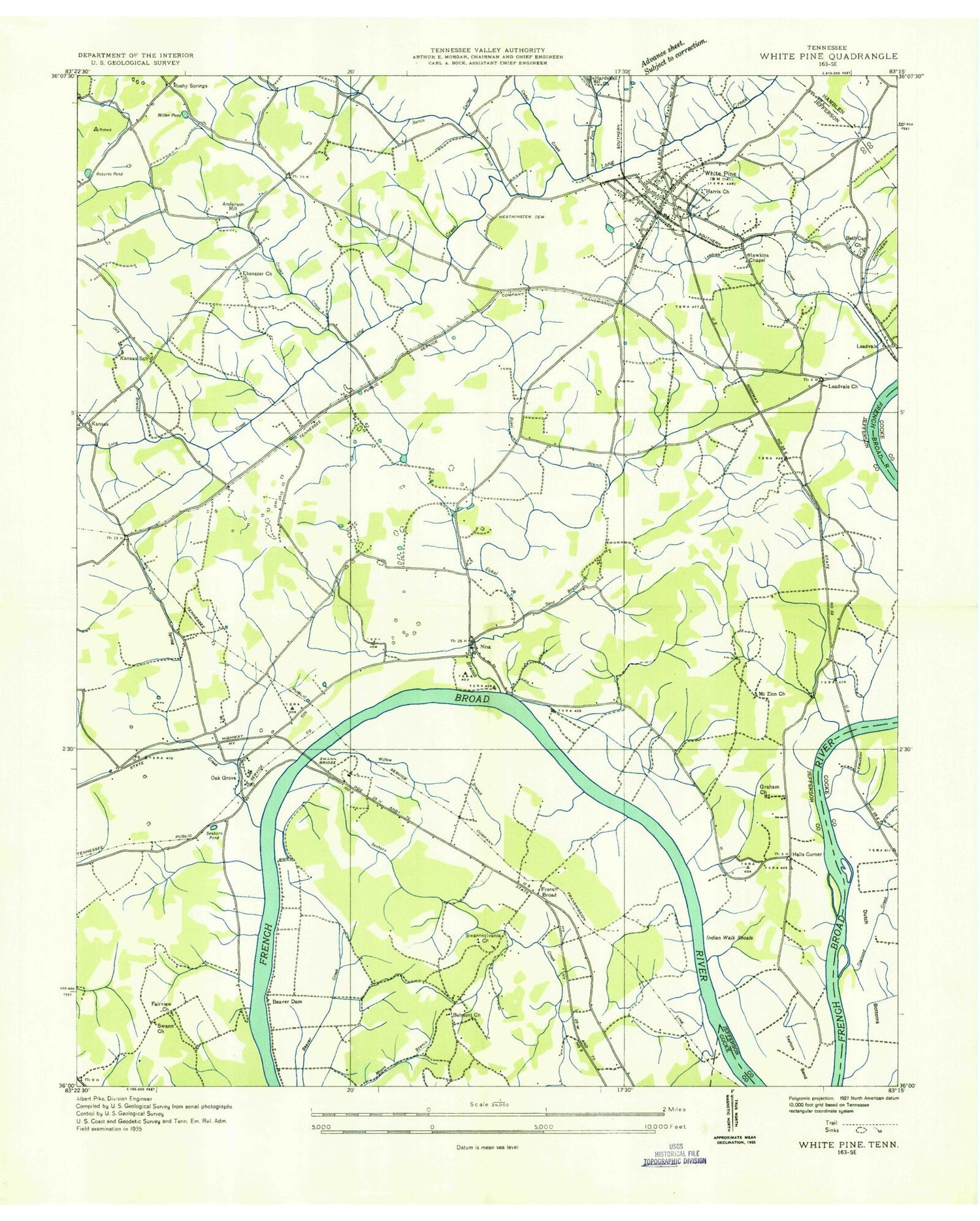 Classic USGS White Pine Tennessee 7.5'x7.5' Topo Map Image