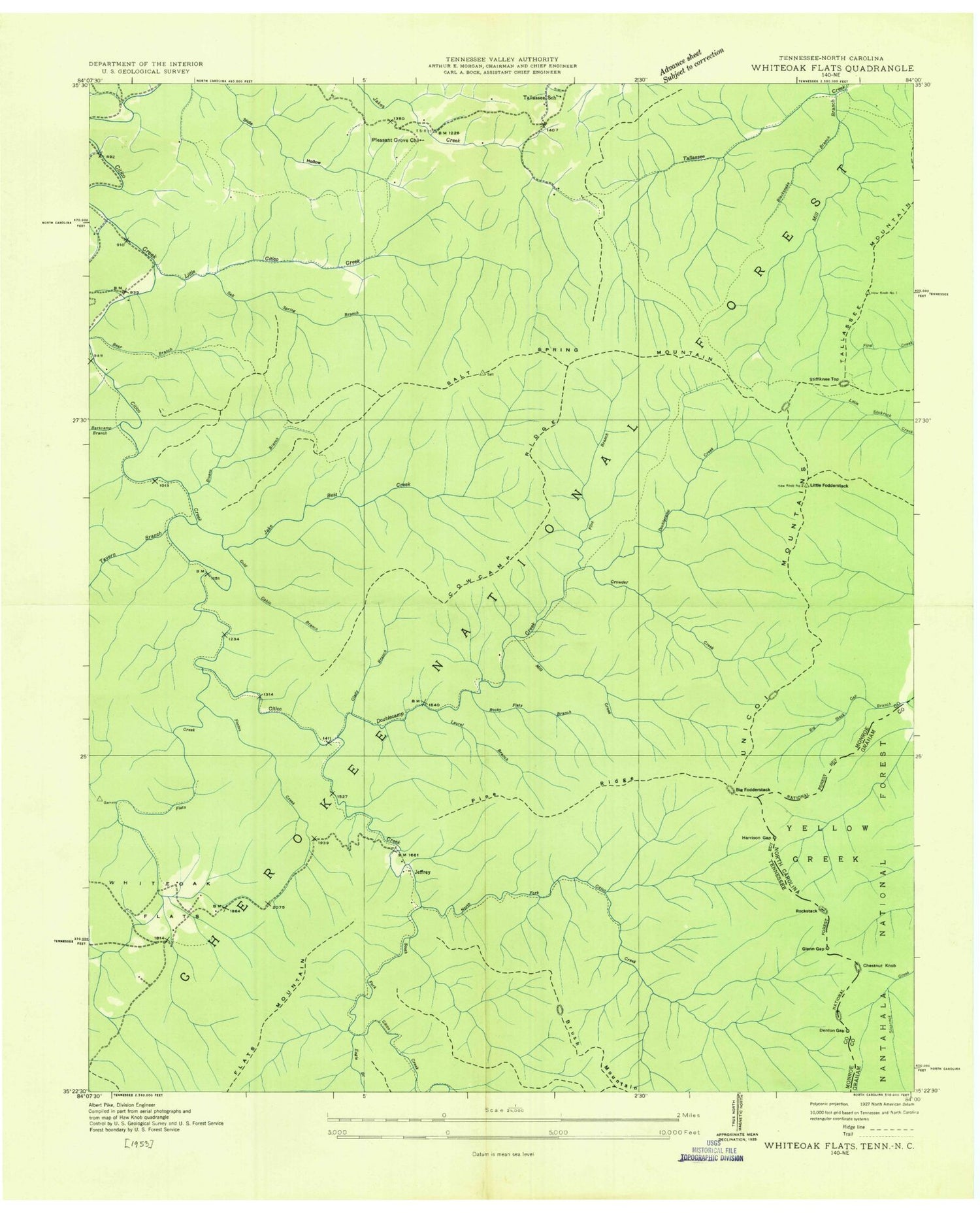 Classic USGS Whiteoak Flats Tennessee 7.5'x7.5' Topo Map Image