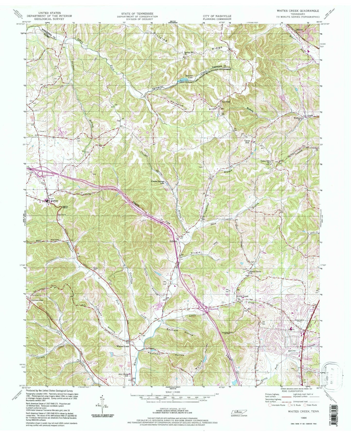 Classic USGS Whites Creek Tennessee 7.5'x7.5' Topo Map Image