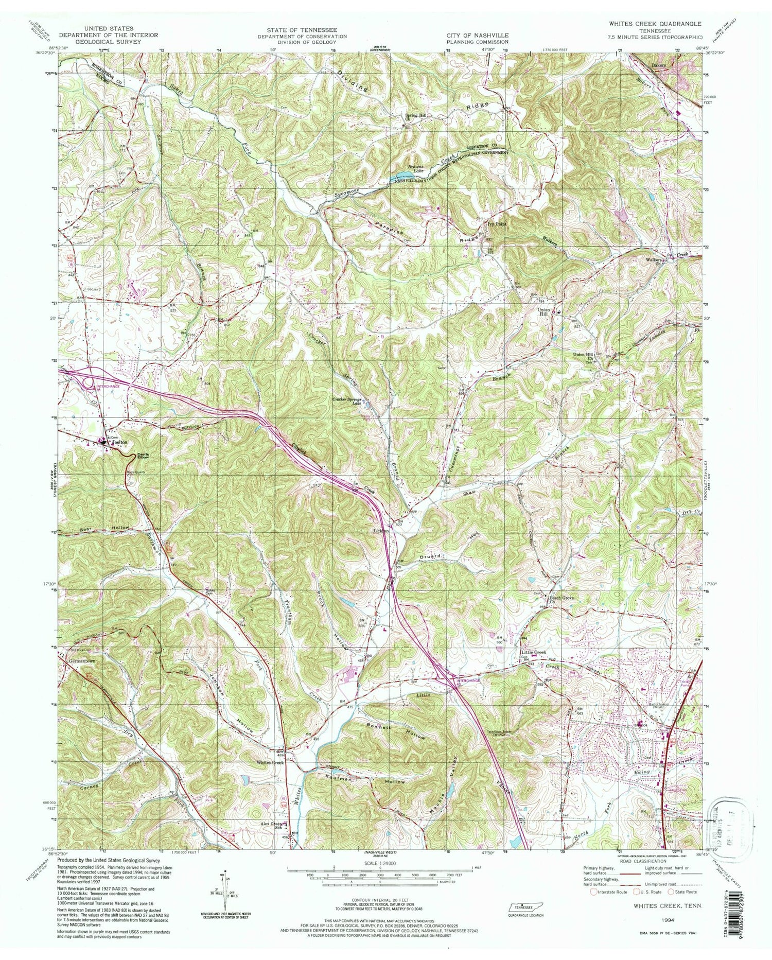 Classic USGS Whites Creek Tennessee 7.5'x7.5' Topo Map Image