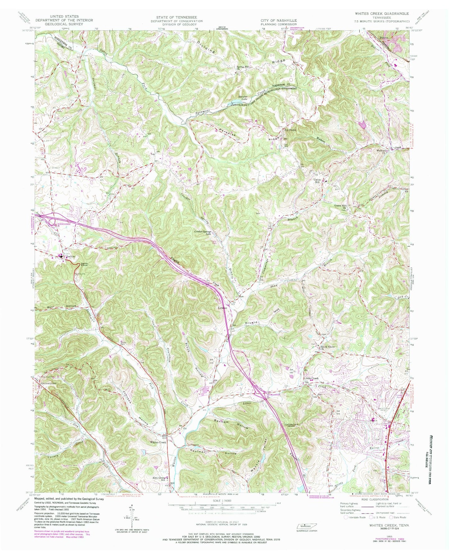 Classic USGS Whites Creek Tennessee 7.5'x7.5' Topo Map Image