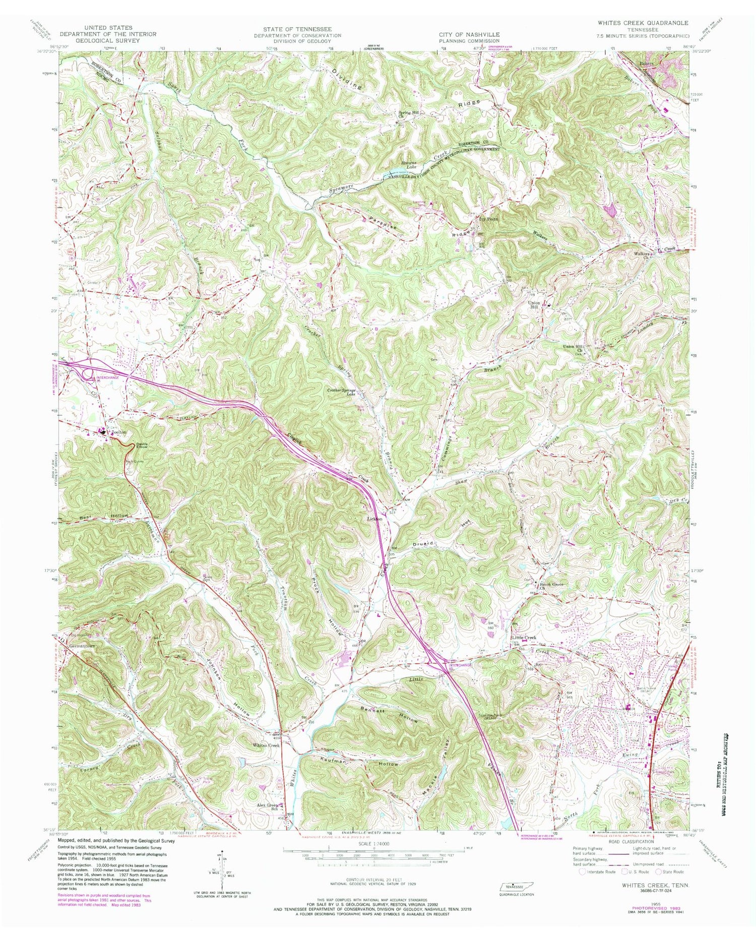 Classic USGS Whites Creek Tennessee 7.5'x7.5' Topo Map Image