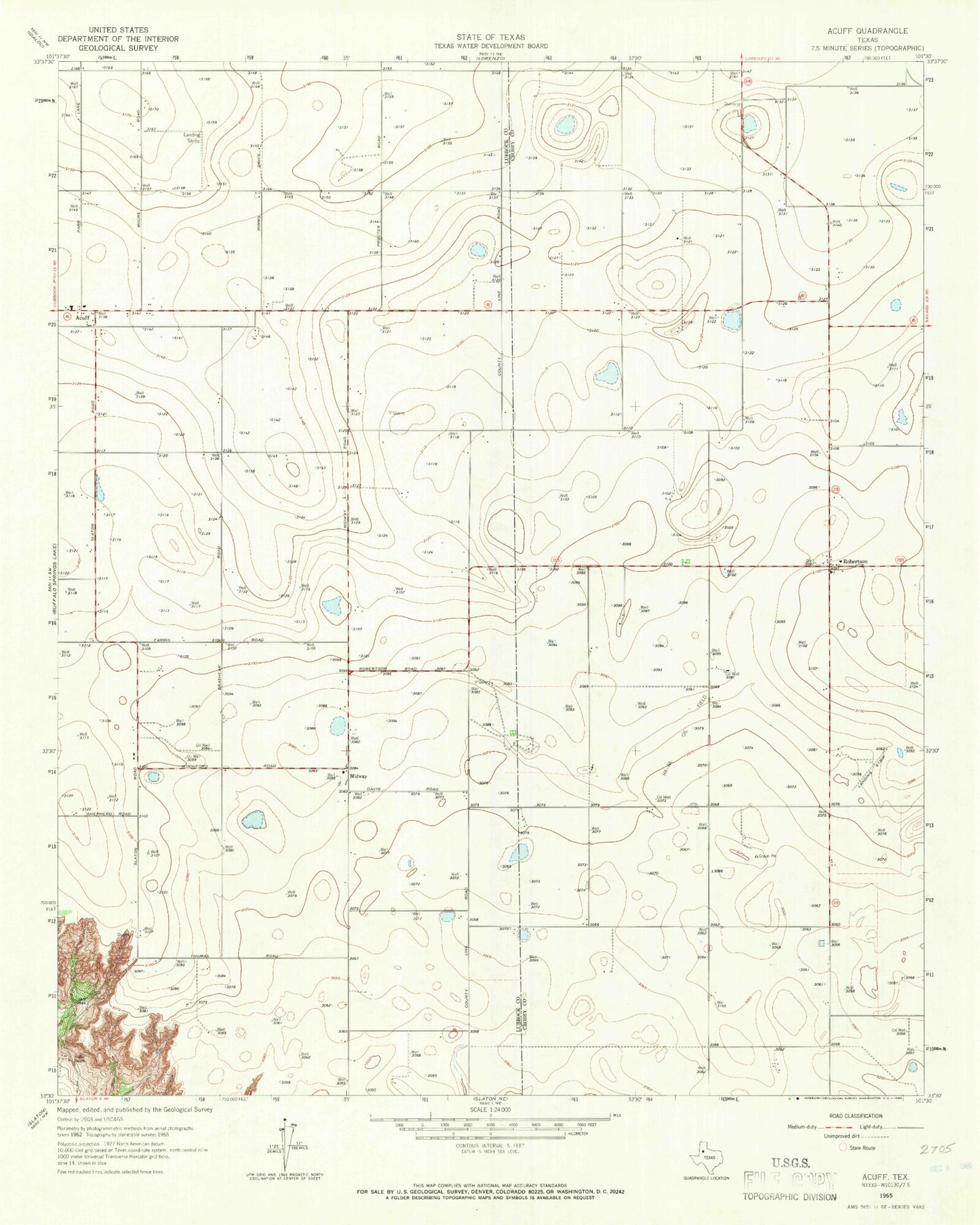 Classic USGS Acuff Texas 7.5'x7.5' Topo Map Image