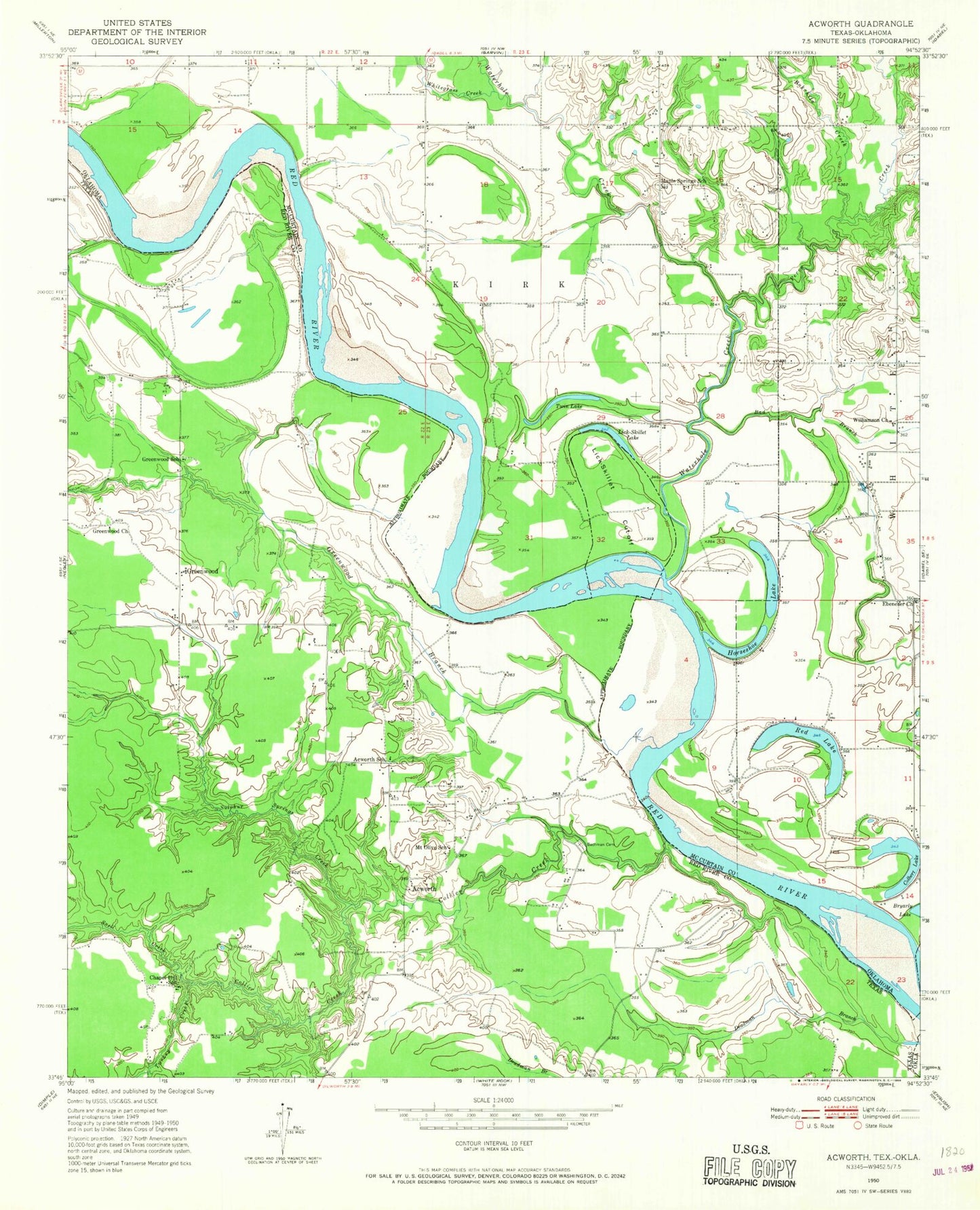 Classic USGS Acworth Texas 7.5'x7.5' Topo Map Image
