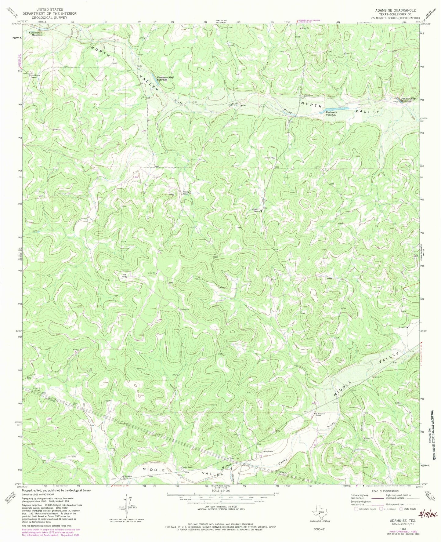 Classic USGS Adams SE Texas 7.5'x7.5' Topo Map Image